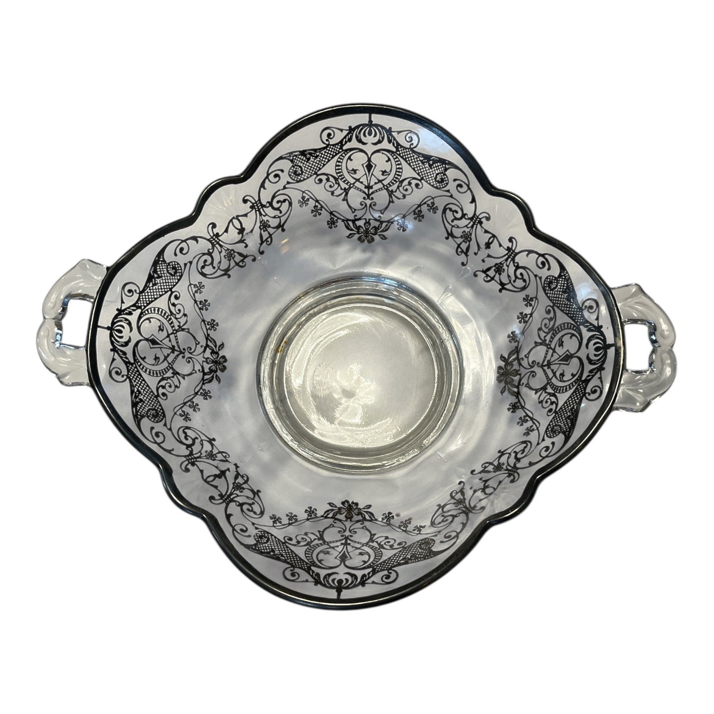 1940s-50s Silver Overlay Etched Glass Bowl – Ornate Scroll Design – Dual Handles