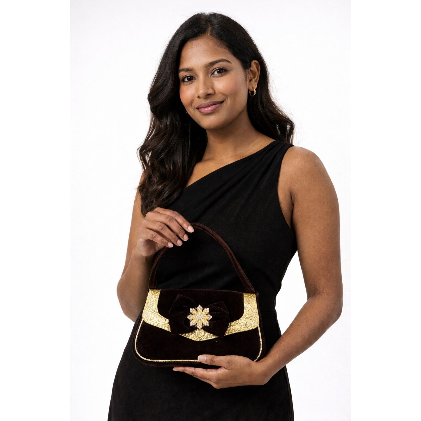 Vintage Kate Landry Dark Brown Velvet Evening Bag Gold Trim Rhinestone Bow