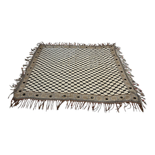 1980s–1990s Black & White Woven Shawl with Decorative Faceted Black Gems