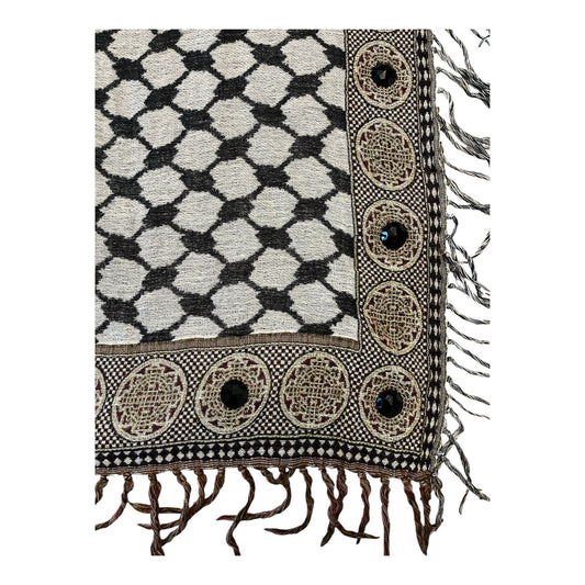 1980s–1990s Black & White Woven Shawl with Decorative Faceted Black Gems