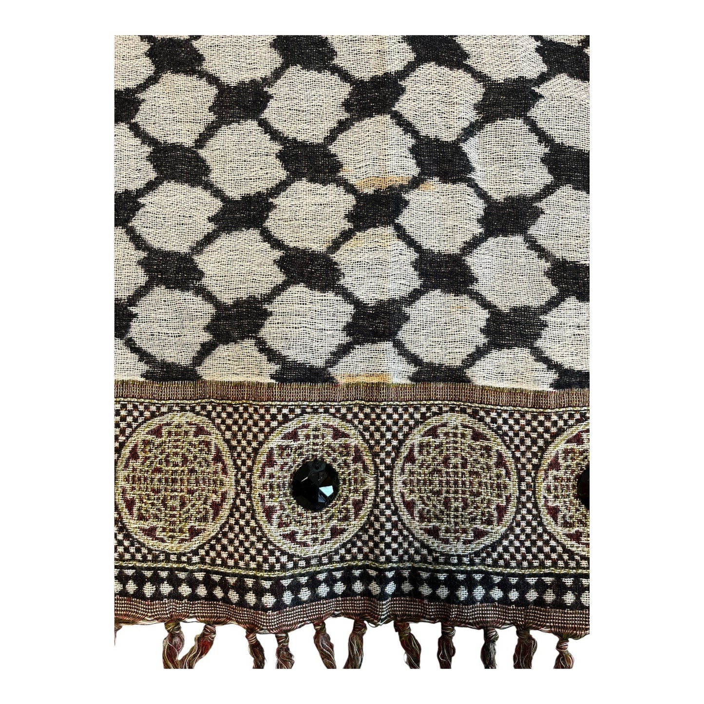 1980s–1990s Black & White Woven Shawl with Decorative Faceted Black Gems