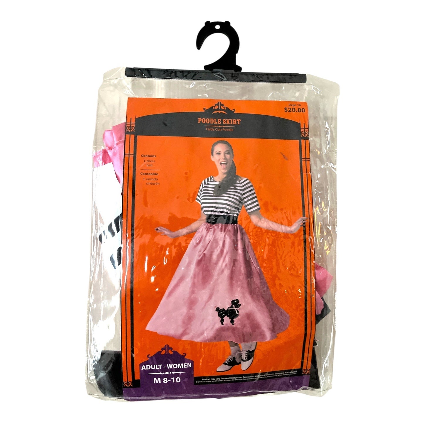 1950s Poodle Skirt Costume Dress – Pink Skirt with Black & White Striped Top – Women’s M (8–10)