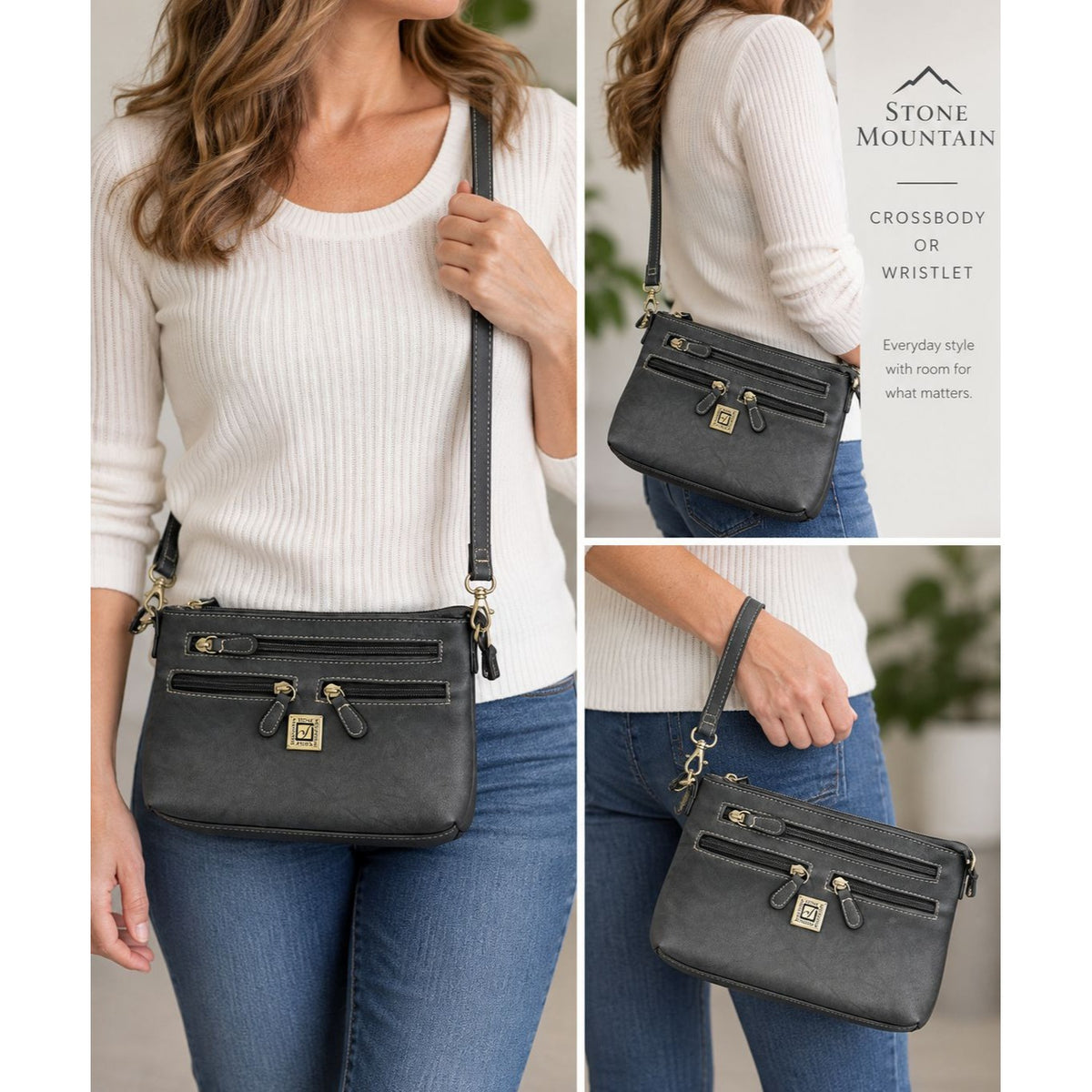 Stone Mountain Gray 4-Bagger Crossbody Wristlet Purse Multi Zip 9"