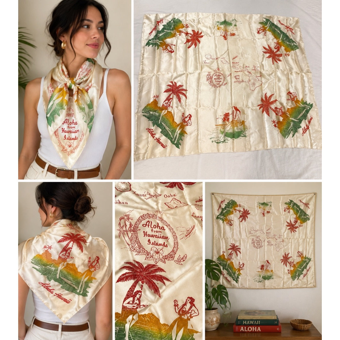 Vintage Aloha From Hawaiian Islands Satin Souvenir Scarf Hawaii Map Hula Girls