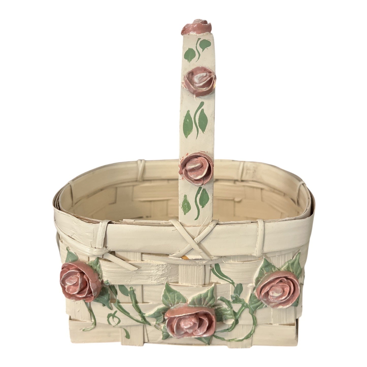 Vintage Woven Basket with Ceramic Roses – Hand-Painted – Made in the Philippines