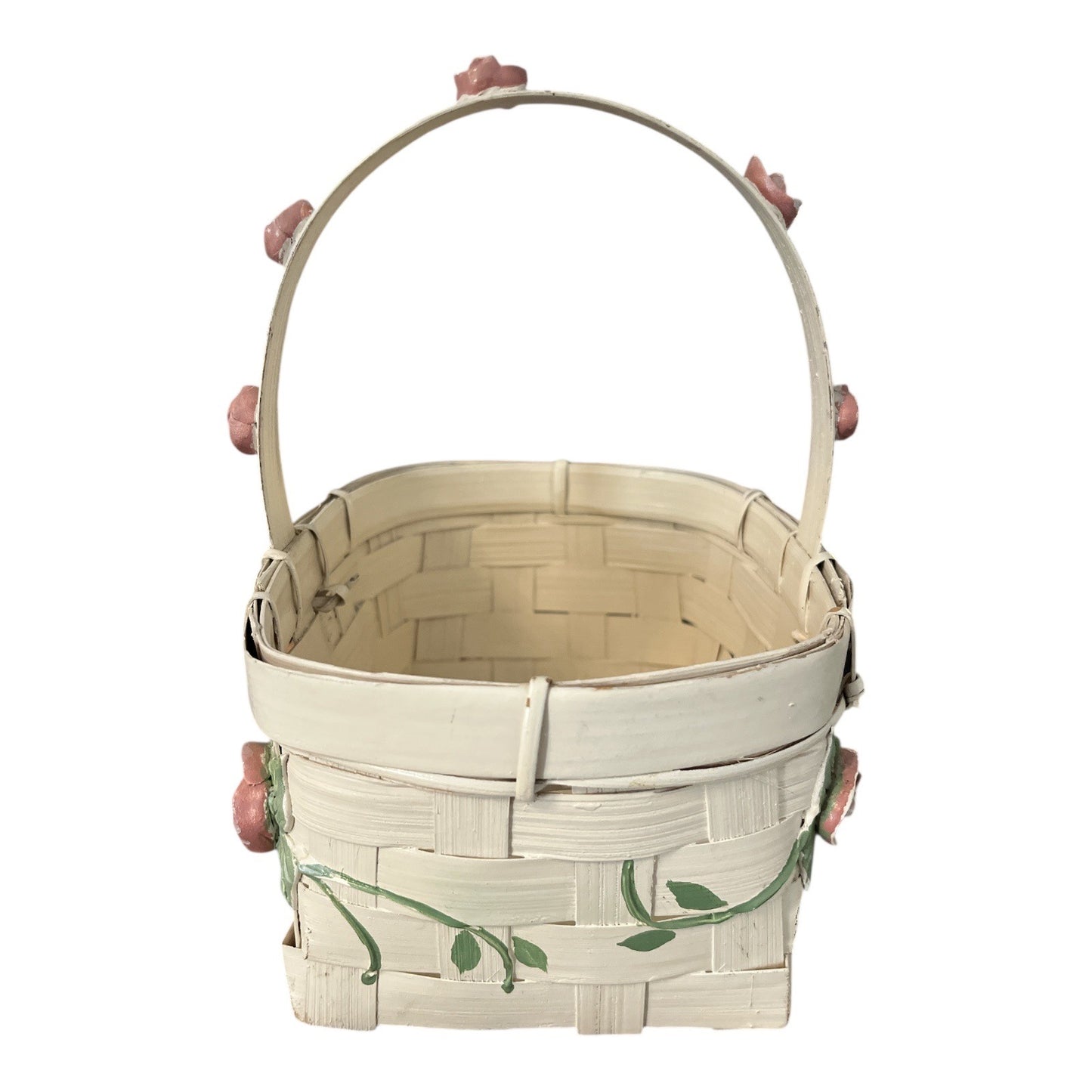 Vintage Woven Basket with Ceramic Roses – Hand-Painted – Made in the Philippines