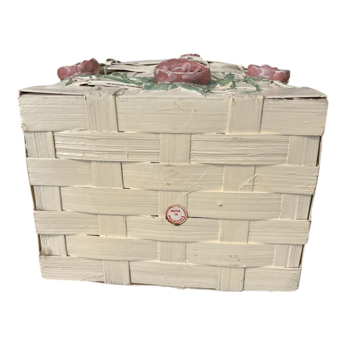 Vintage Woven Basket with Ceramic Roses – Hand-Painted – Made in the Philippines