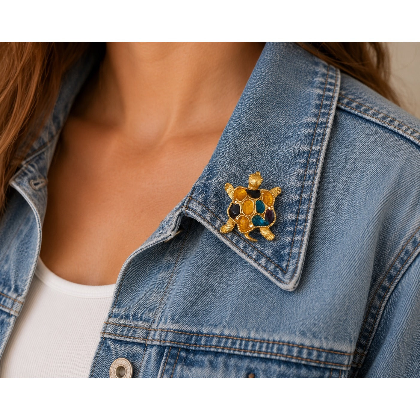 Vintage Gold Tone Sea Turtle Brooch Enamel Shell Blue Amber Green Turtle Pin