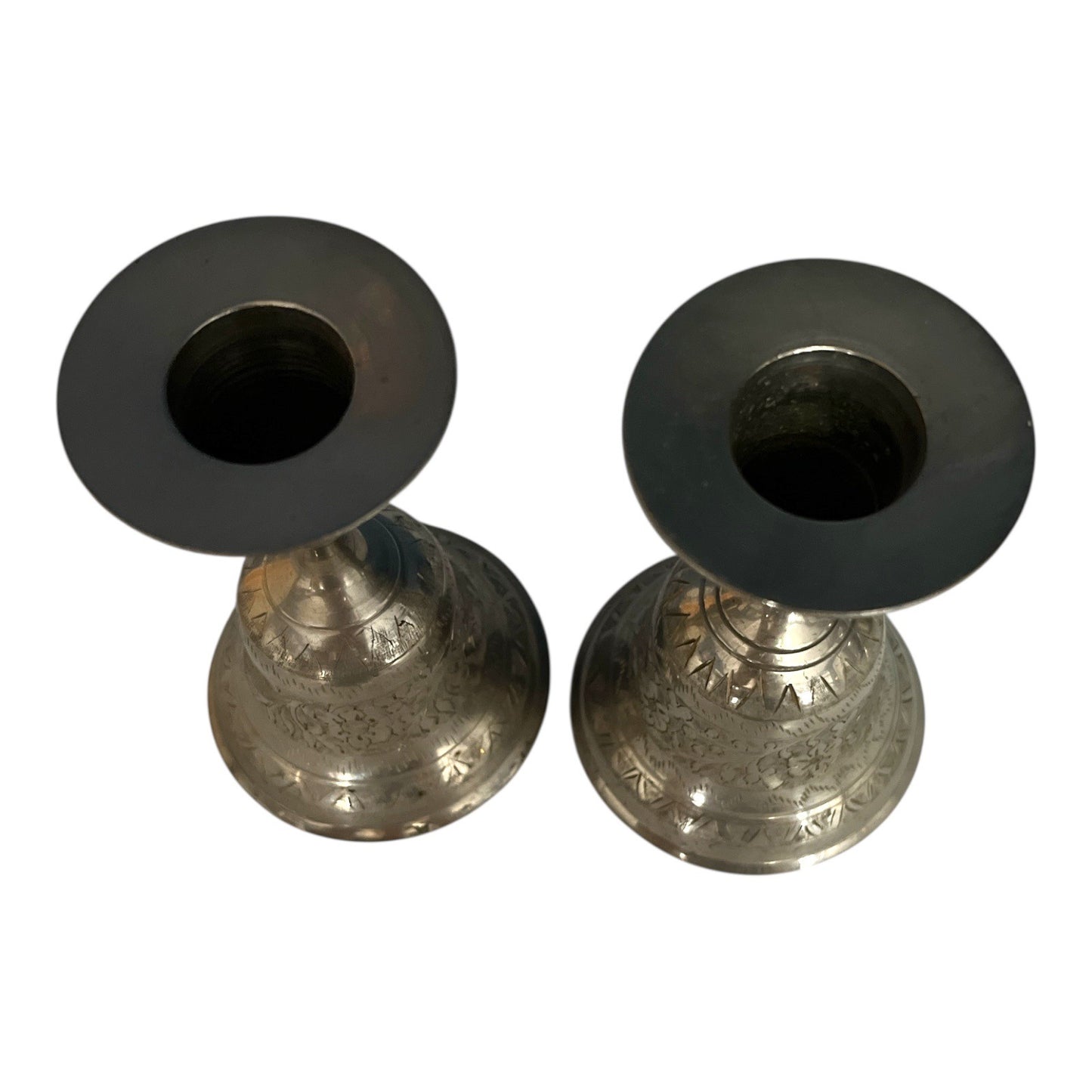 Vintage Silver-Tone Brass Bell-Shaped Candle Holders – Set of 2 – Z.Y. India – 4" x 2.5" – Engraved Floral Design