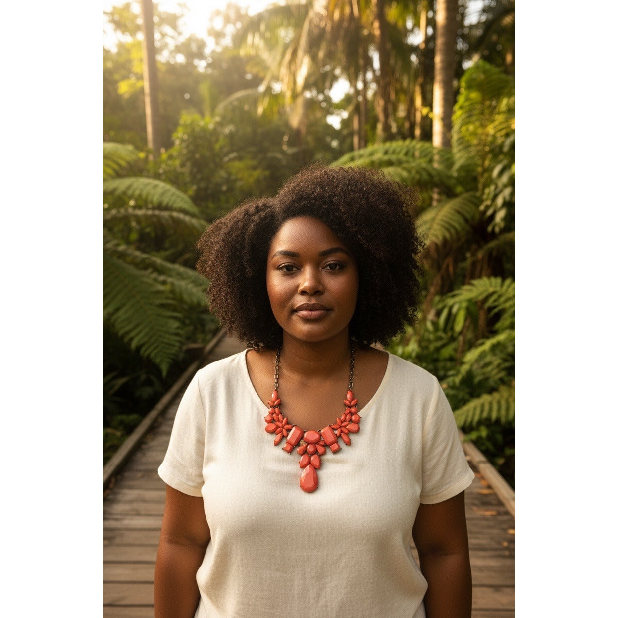 Coldwater Creek Coral Statement Bib Necklace Gold Tone Chain Signed C