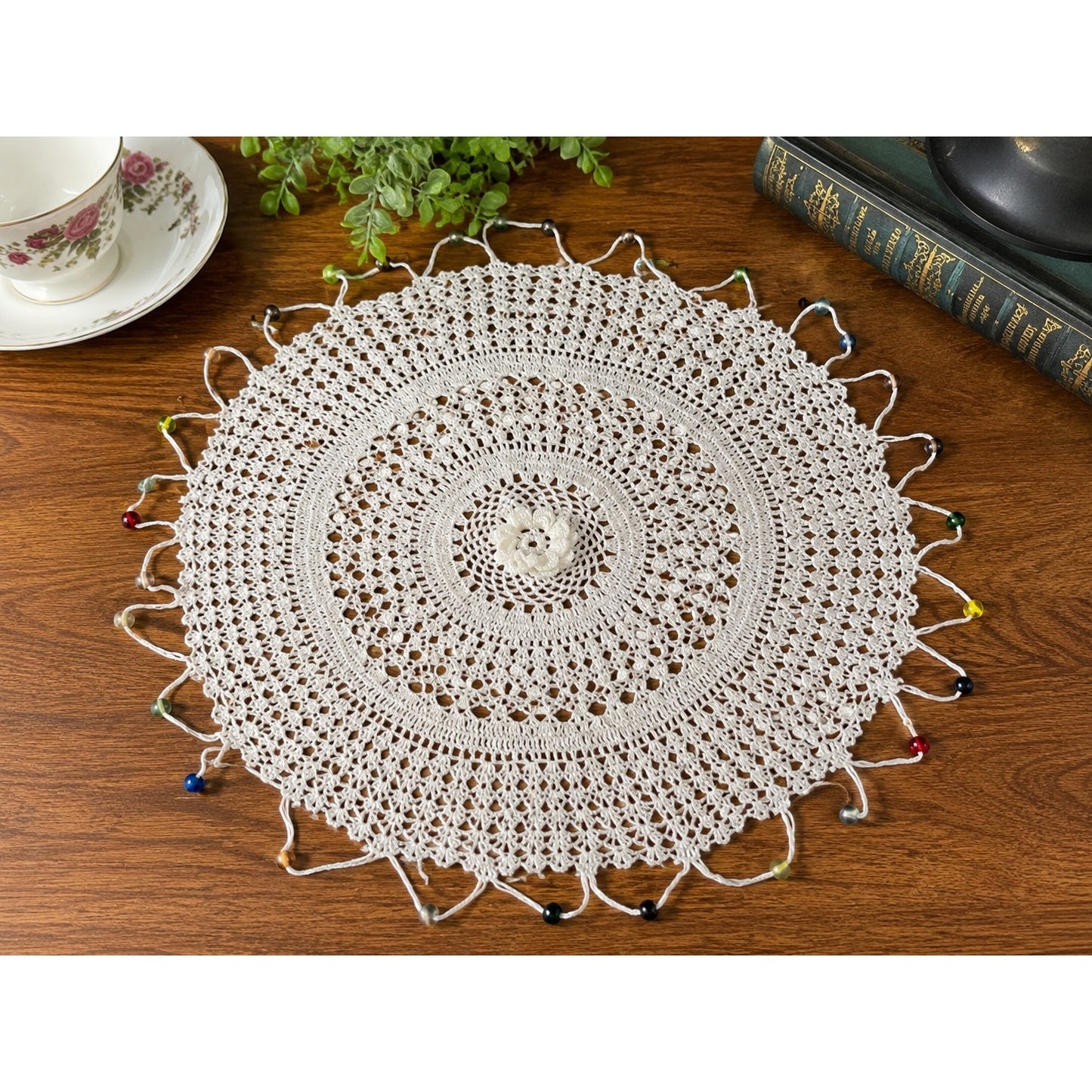 Handmade Crochet Doily 14" Round White Cotton Beaded Centerpiece Table Decor