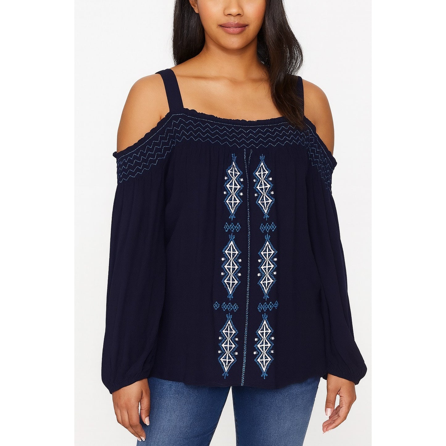 Cupio Women’s Size S Navy Blue Embroidered Long Sleeve Boho Peasant Top