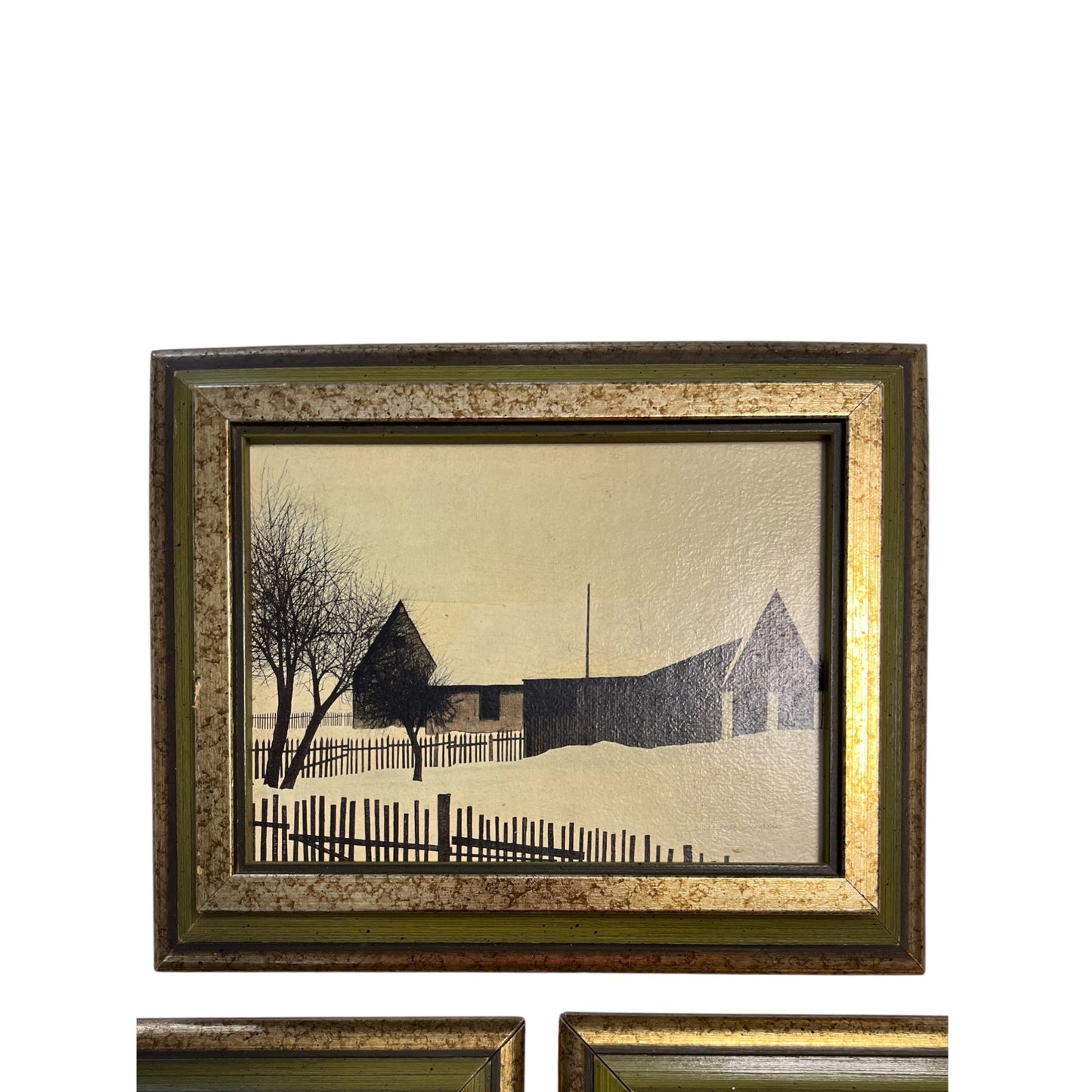 Vintage Jacques Deperthes Winter Landscape Prints – Set of 3 Framed Snowy Village Scenes – 10.5" x 8.5" Each