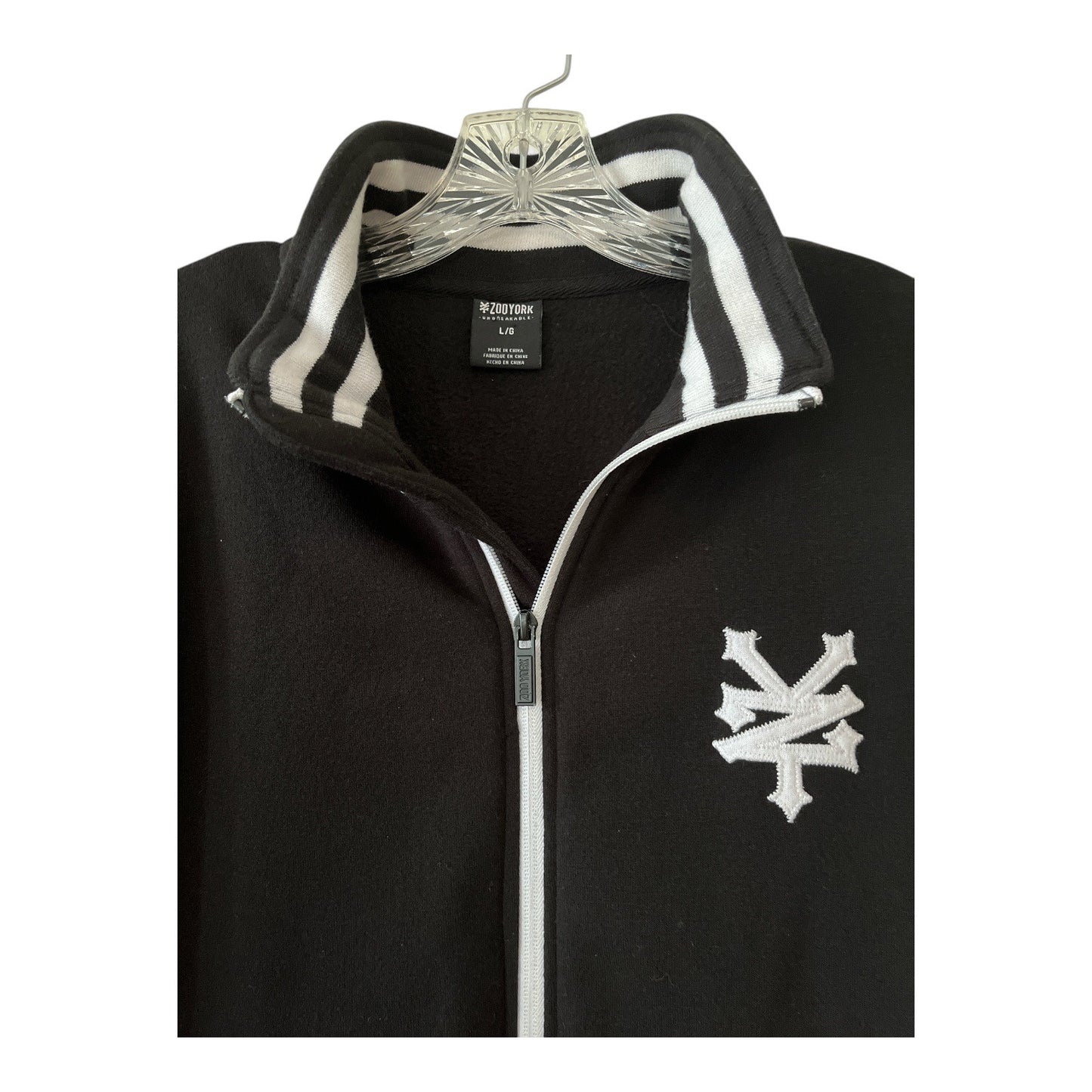 Zoo York Mens Black Full-Zip Jacket W/ White Striped Trim Embroidered Logo Size L 100% Polyester