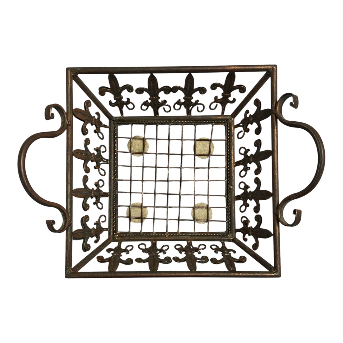 Rustic Fleur-de-Lis Metal Wire Basket with Handles – Bronze Finish