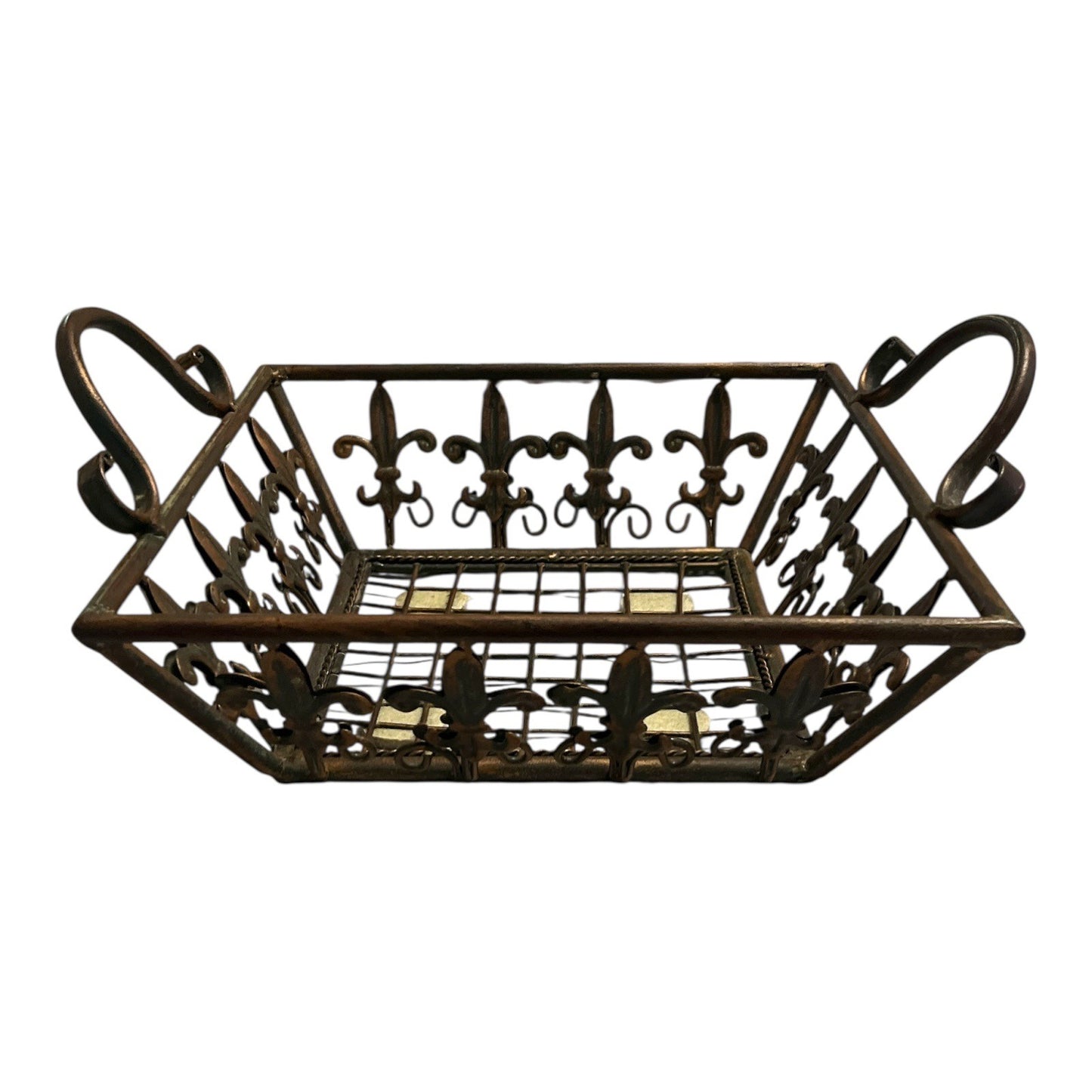 Rustic Fleur-de-Lis Metal Wire Basket with Handles – Bronze Finish