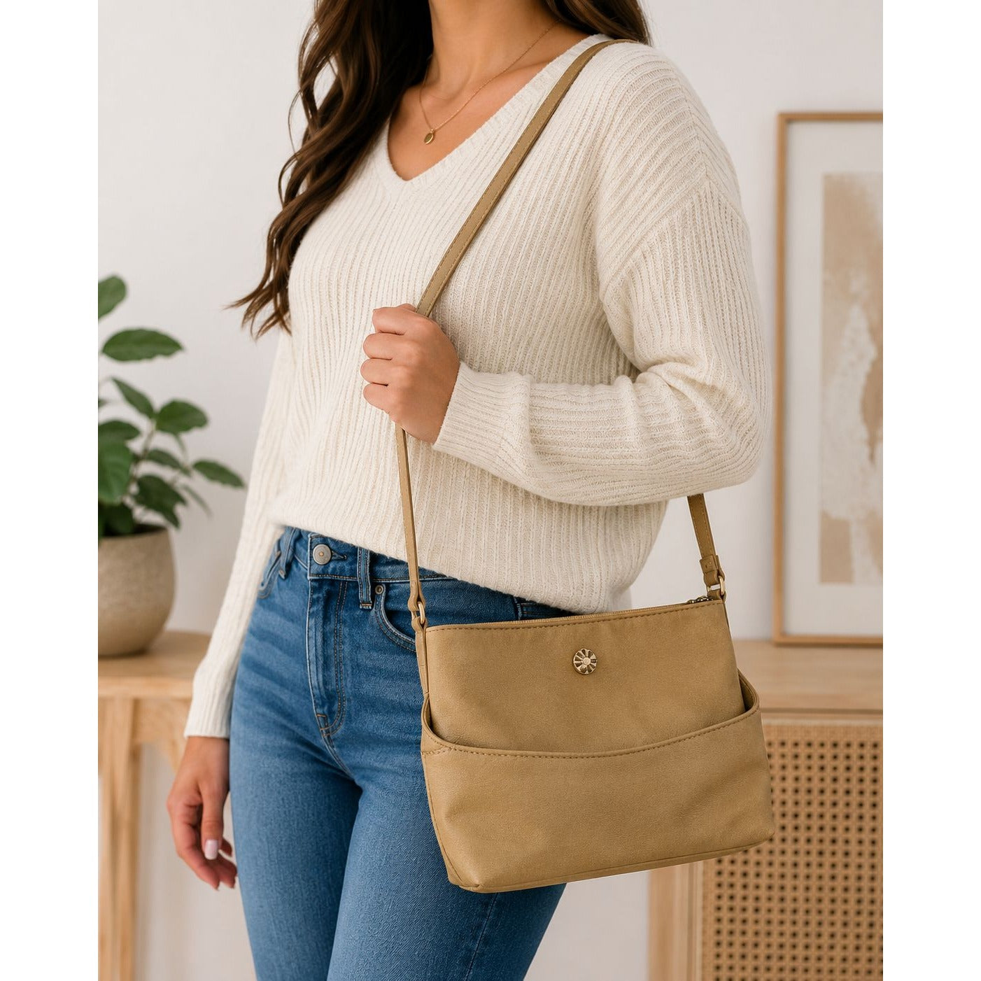 Lauren Conrad Taupe Faux Leather Crossbody Shoulder Bag Adjustable Strap