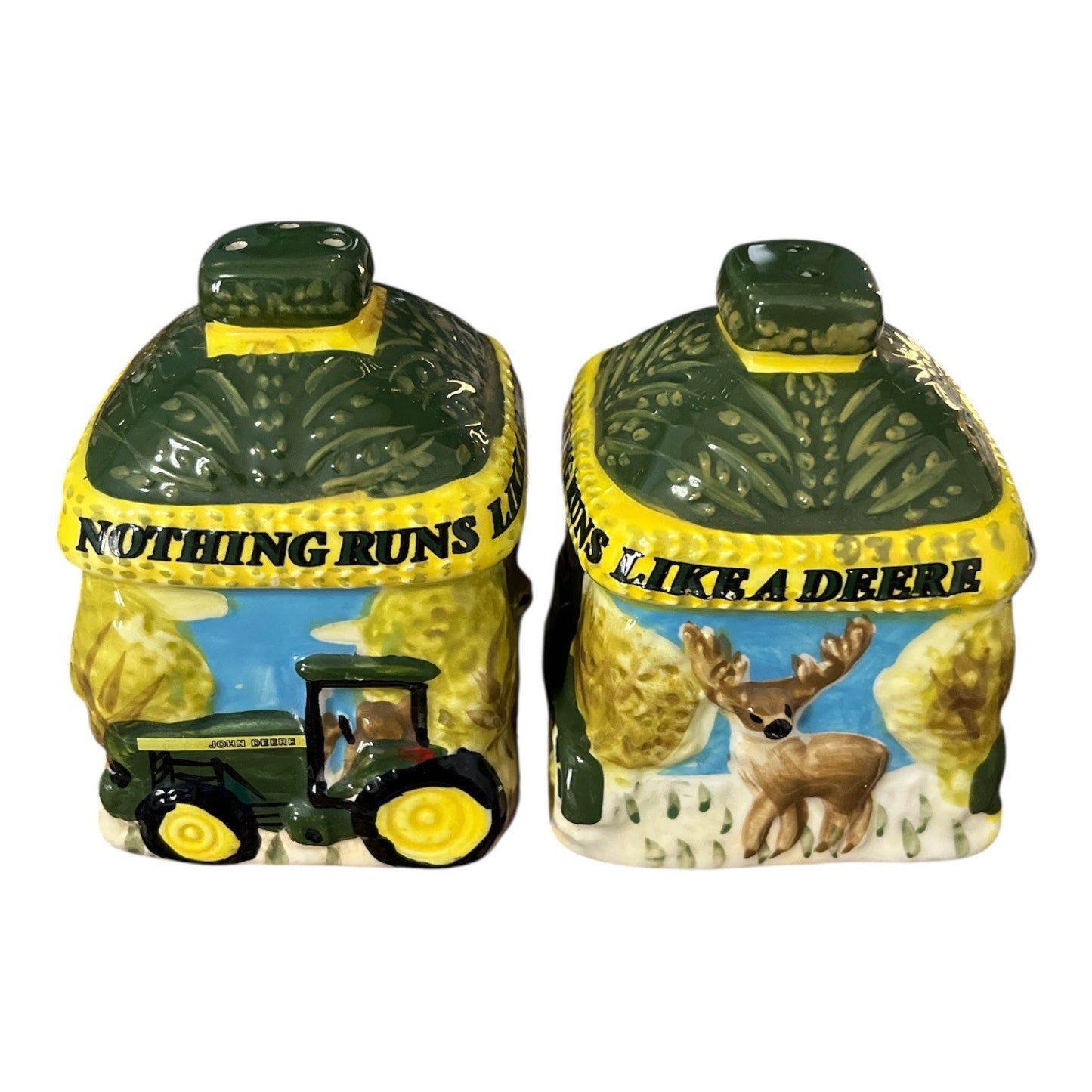 John Deere Ceramic Salt & Pepper Shaker Set by Gibson – “Nothing Runs Like a Deere” – Vintage Licensed
