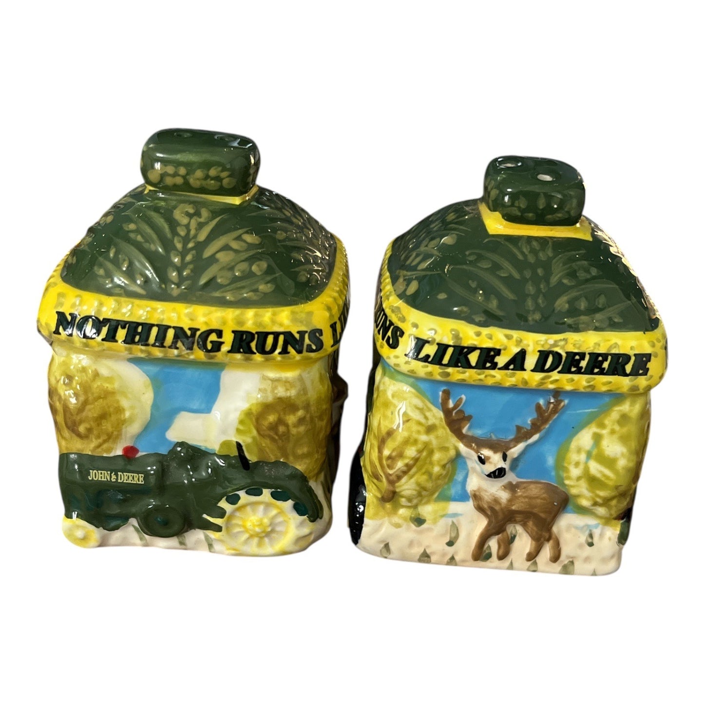 John Deere Ceramic Salt & Pepper Shaker Set by Gibson – “Nothing Runs Like a Deere” – Vintage Licensed