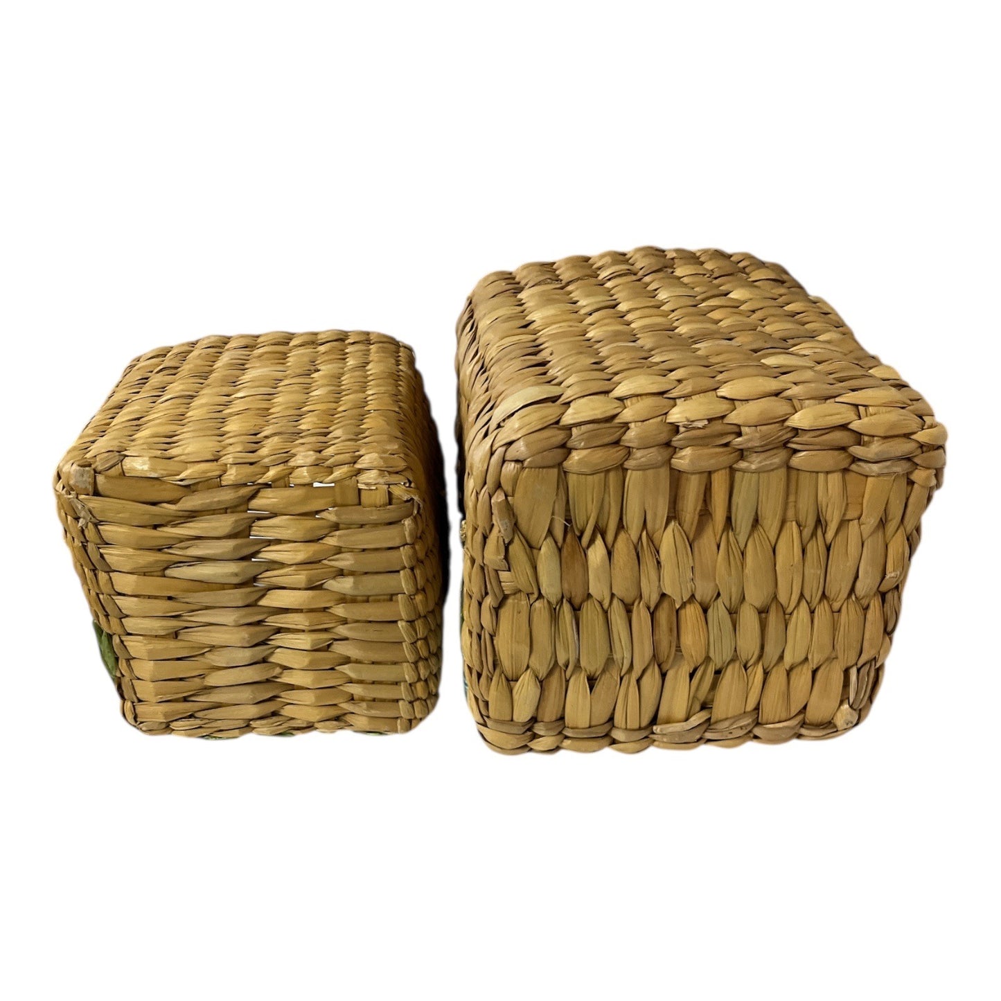 Vintage Woven Basket Set with Dragonfly Motif Natural Straw Storage Bins