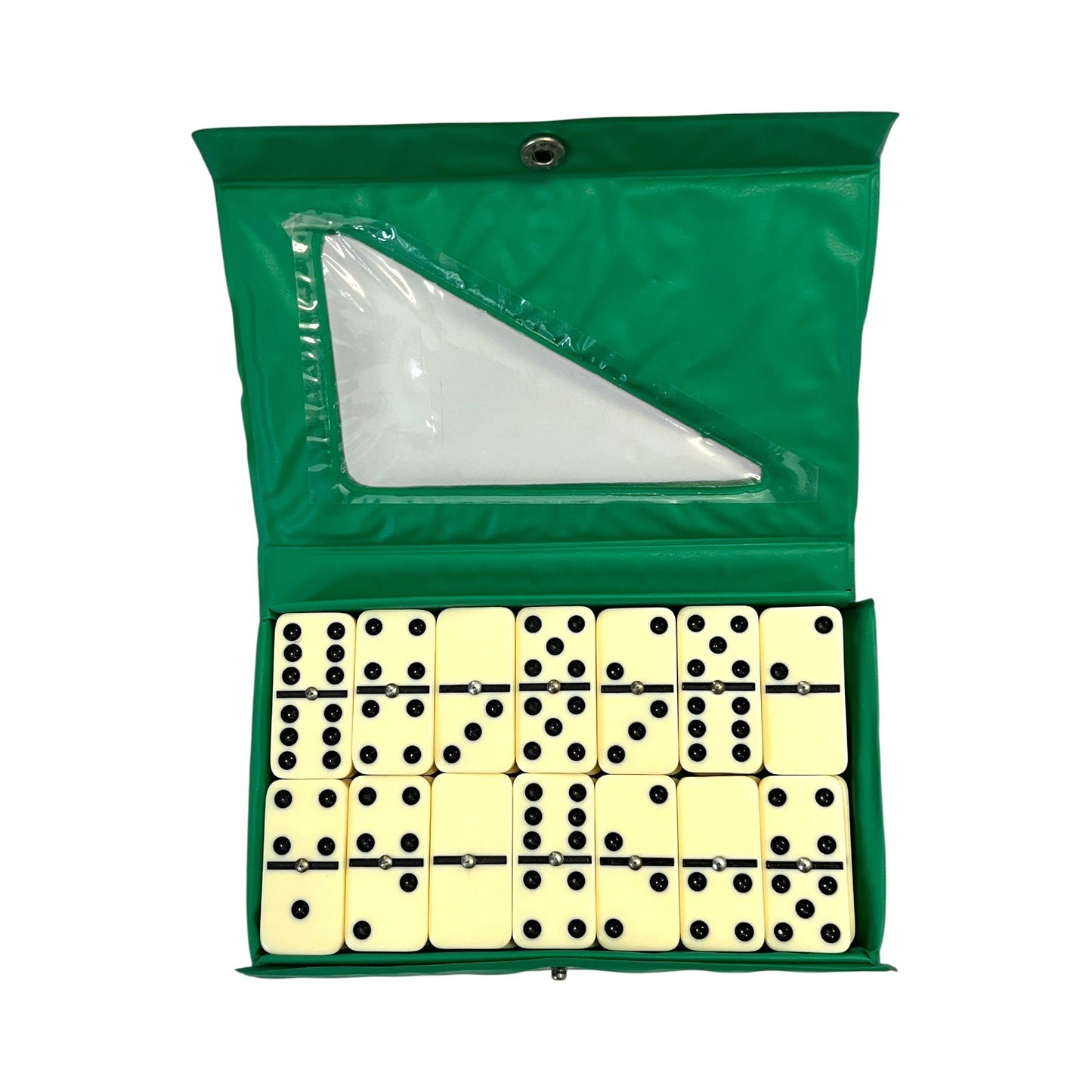 Vintage Double Six Dominoes Set – Made in Taiwan – Green Vinyl Case with Clear Window – 28 Tiles