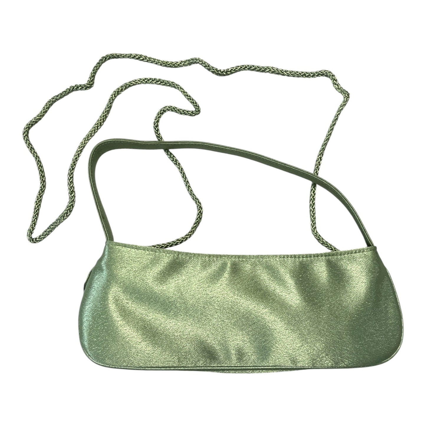 Kate Landry Green Satin Evening Bag – Rosette Shoulder Purse with Cord Strap, 2000s