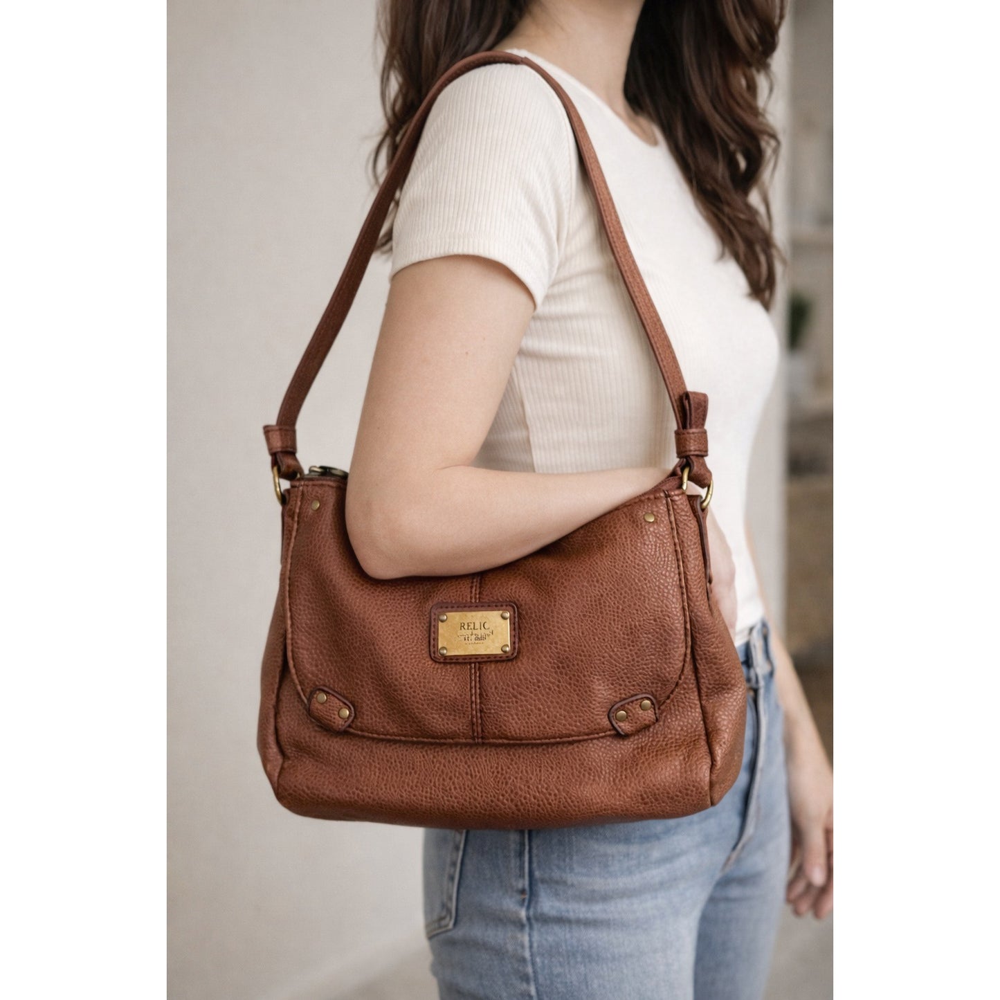 Relic Collection Brown Leather Shoulder Bag Vintage Style Handbag 9x12