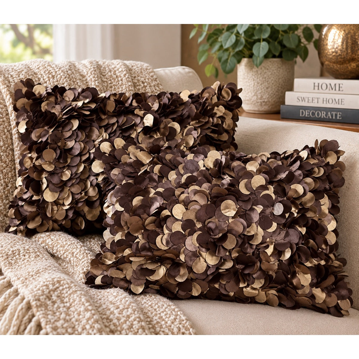 Pier 1 Imports Petal Pillows Brown Gold 3D Floral Throw Cushions 16x12 Set of 2