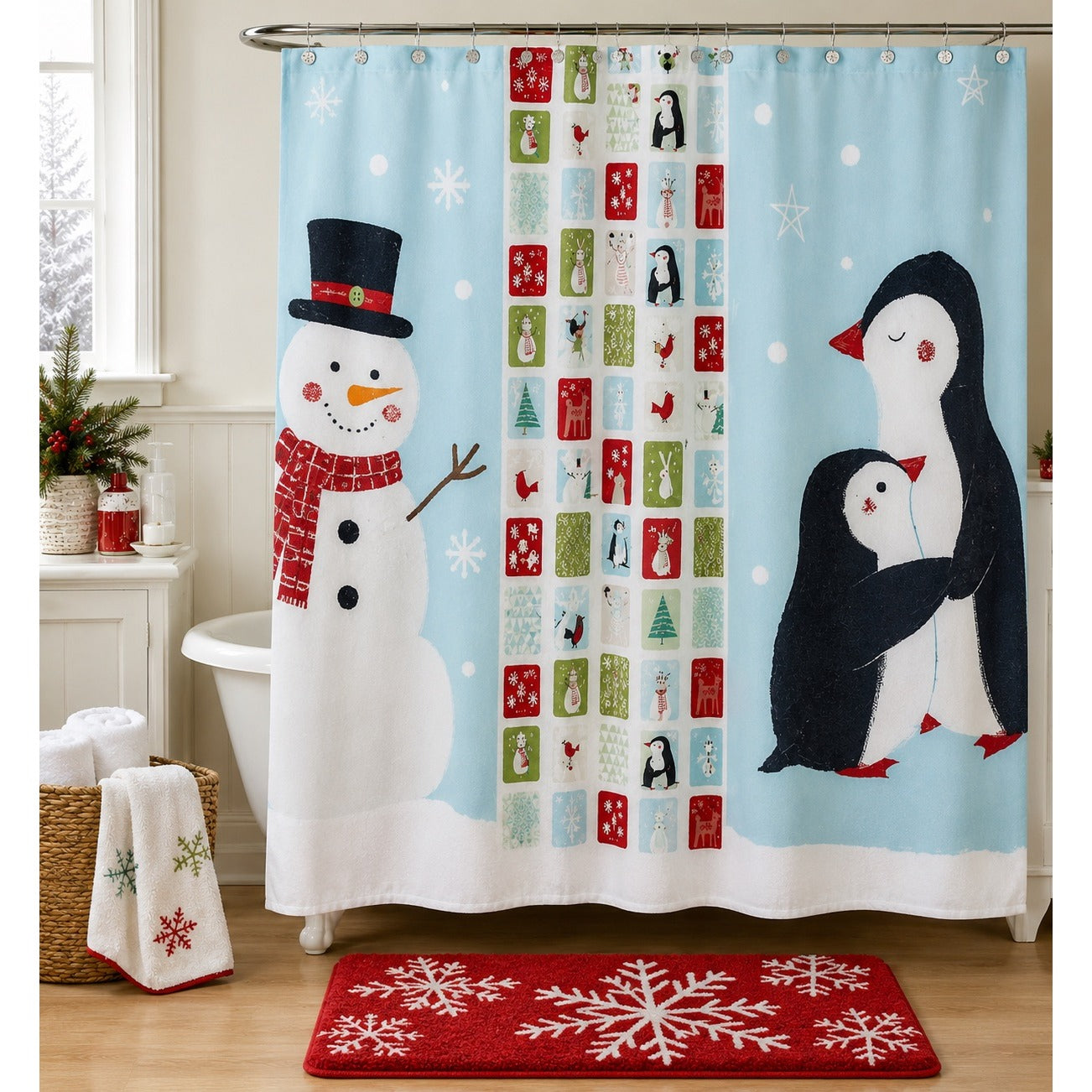 St. Nicholas Square Holiday Cheer Christmas Shower Curtain 70 x 70 Snowman Penguins NIP