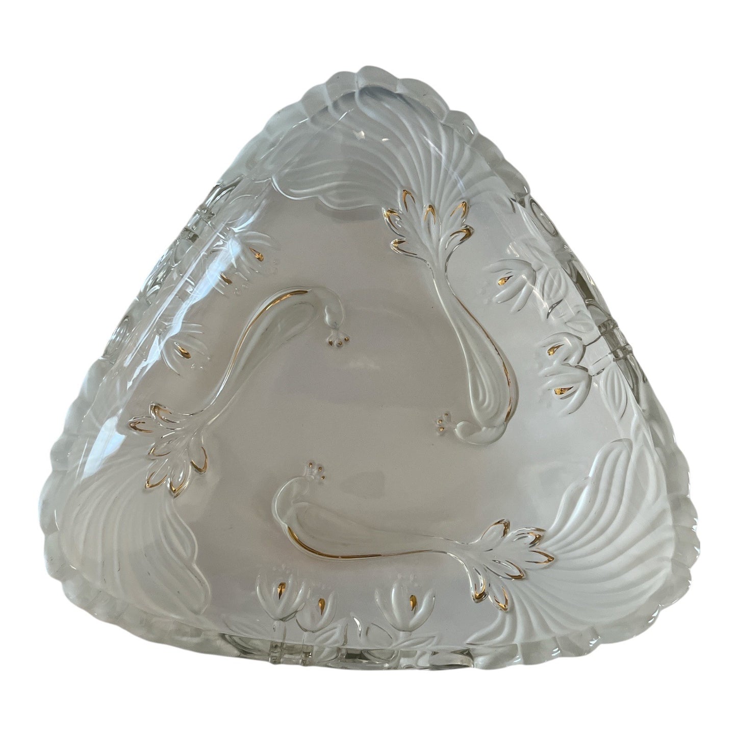 Vintage Pressed Glass Peacock Bowl – Frosted Feathers, Flowers & Leaves with Gold Trim – 12" Mikasa Style