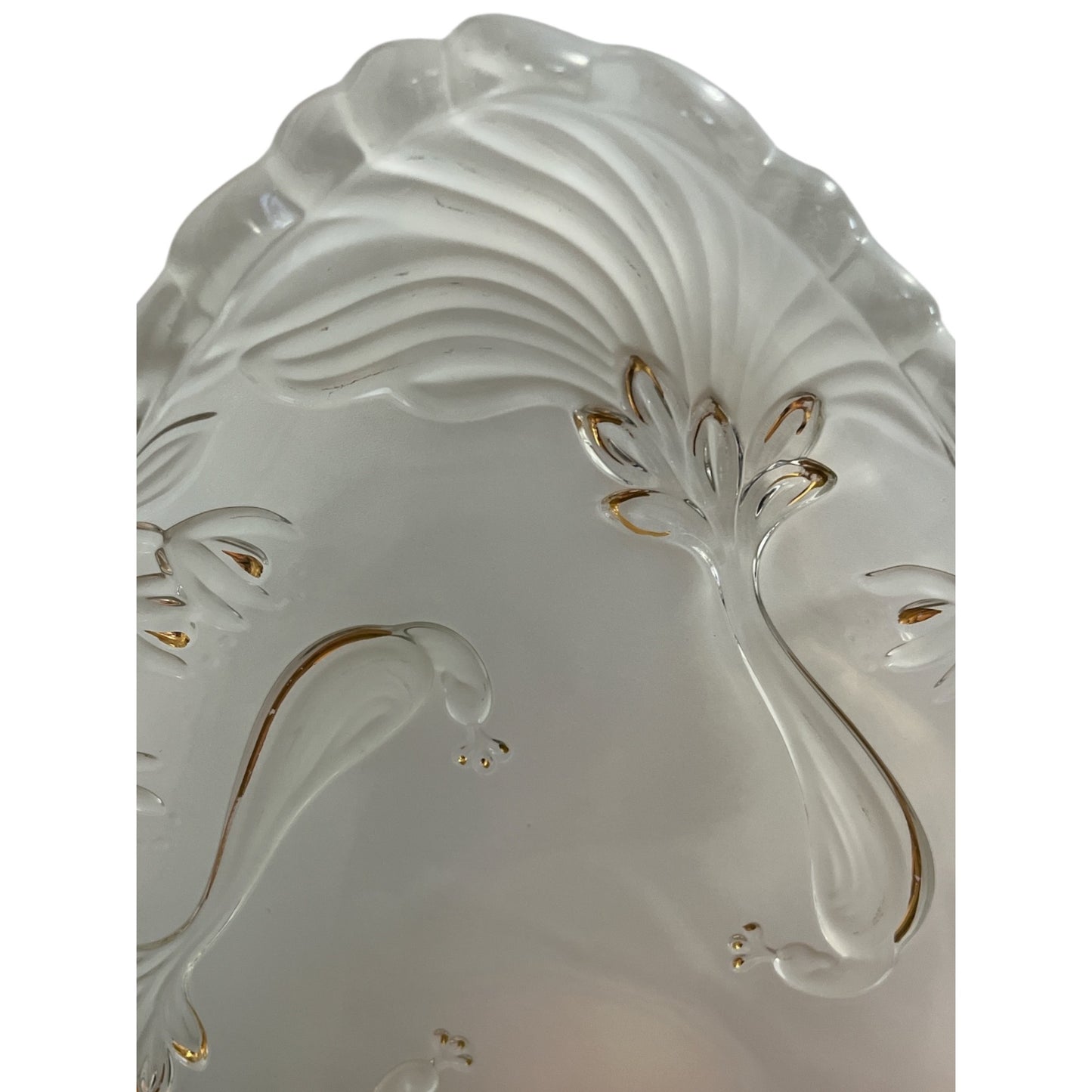 Vintage Pressed Glass Peacock Bowl – Frosted Feathers, Flowers & Leaves with Gold Trim – 12" Mikasa Style