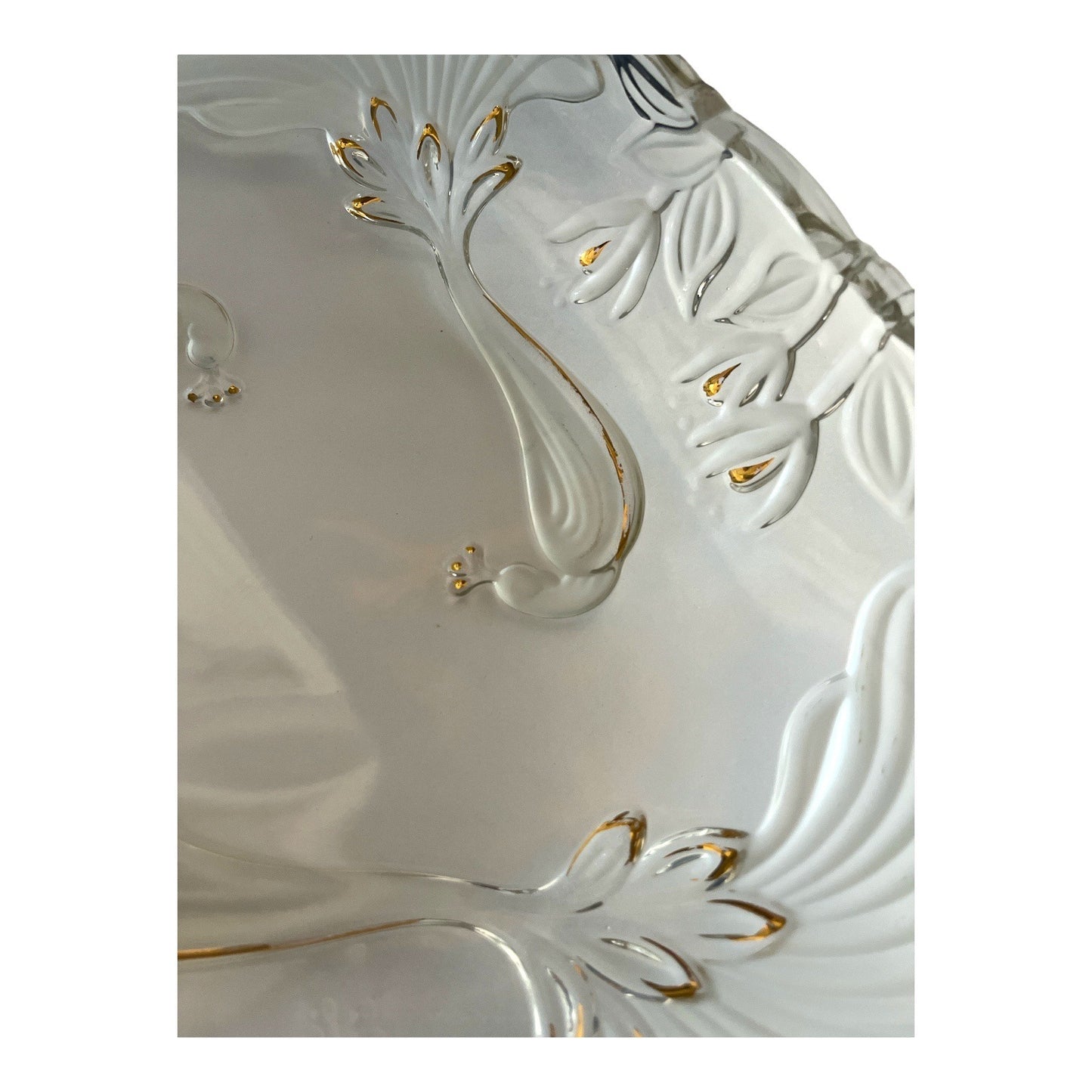 Vintage Pressed Glass Peacock Bowl – Frosted Feathers, Flowers & Leaves with Gold Trim – 12" Mikasa Style