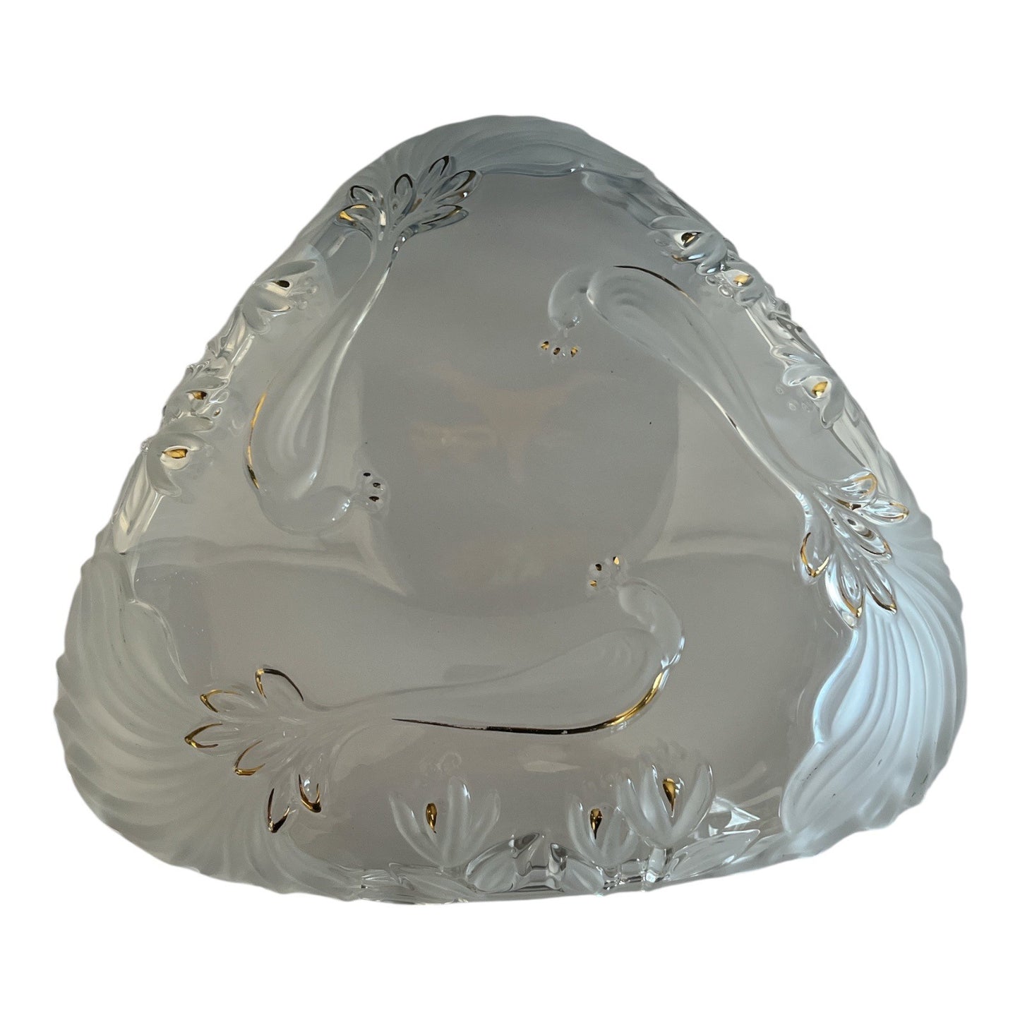Vintage Pressed Glass Peacock Bowl – Frosted Feathers, Flowers & Leaves with Gold Trim – 12" Mikasa Style
