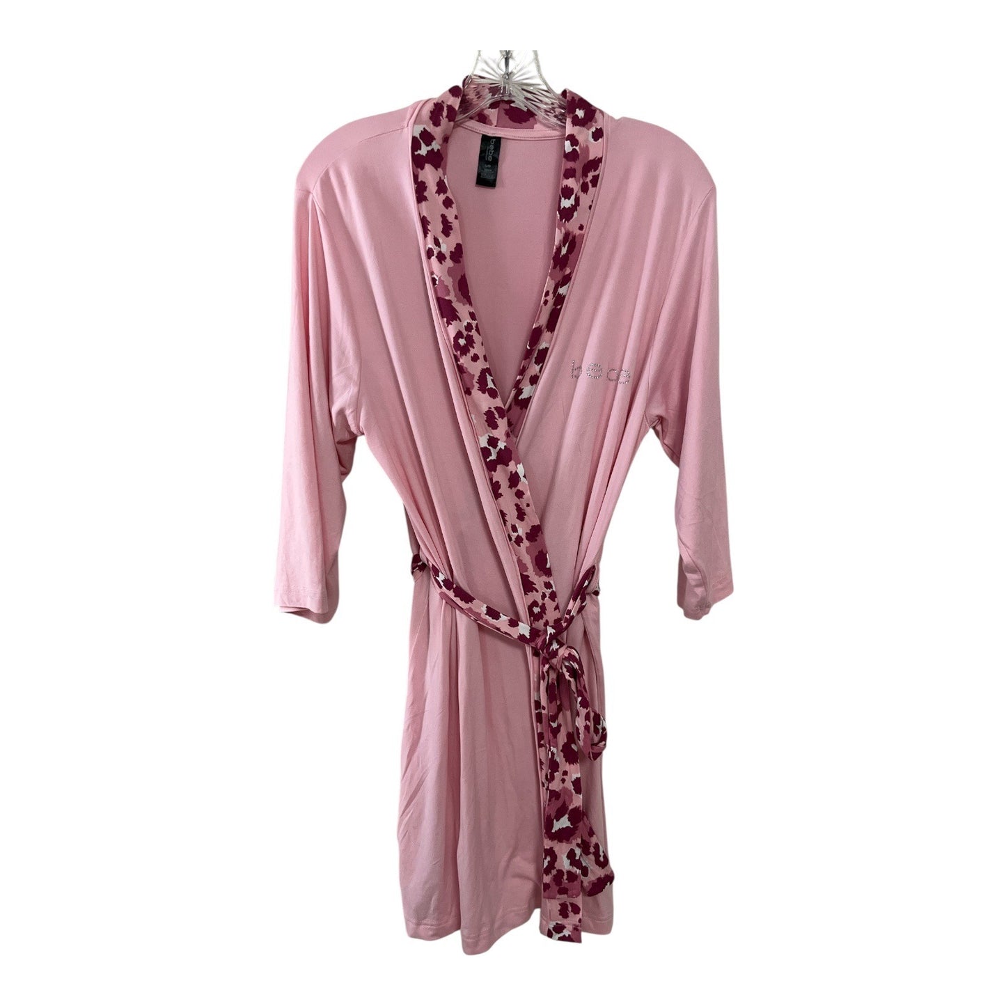 Bebe Pink Sleepwear Robe with Floral Trim and Rhinestone Logo – Size L