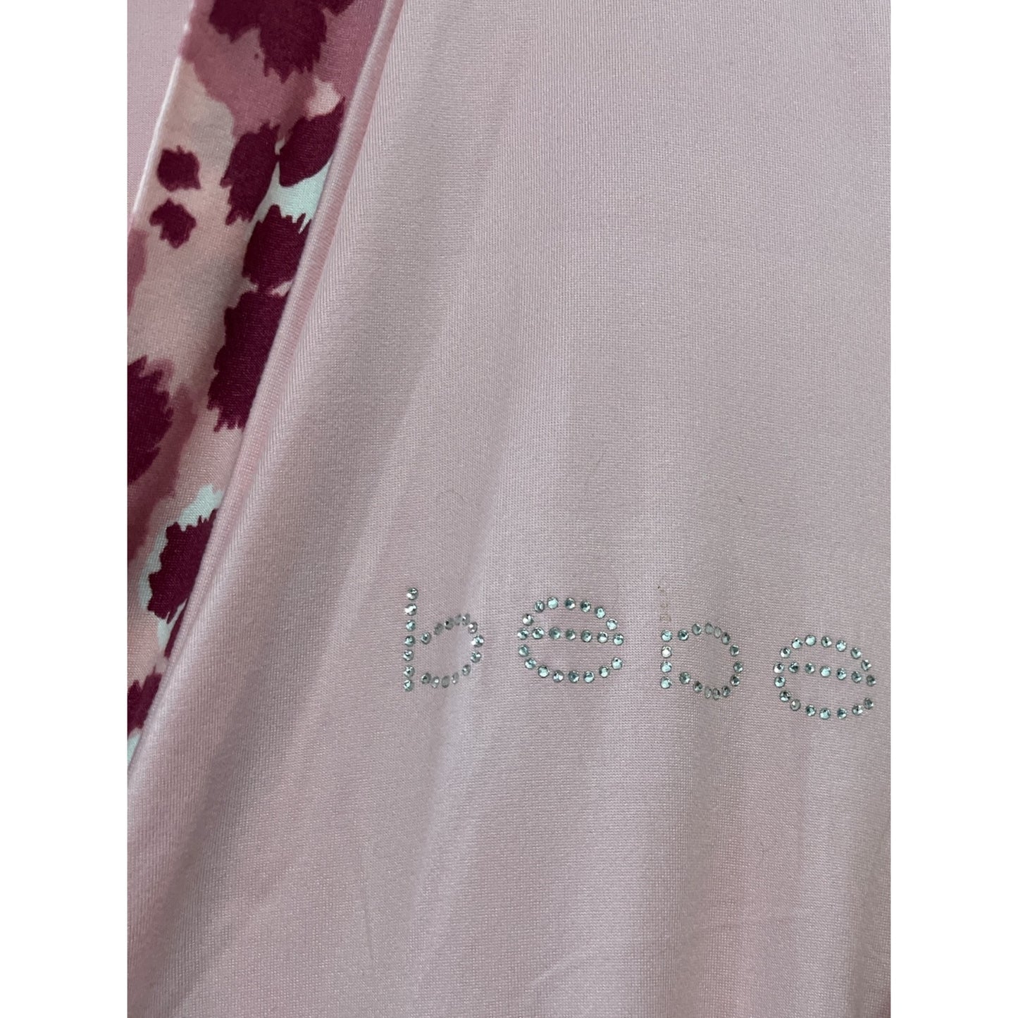 Bebe Pink Sleepwear Robe with Floral Trim and Rhinestone Logo – Size L