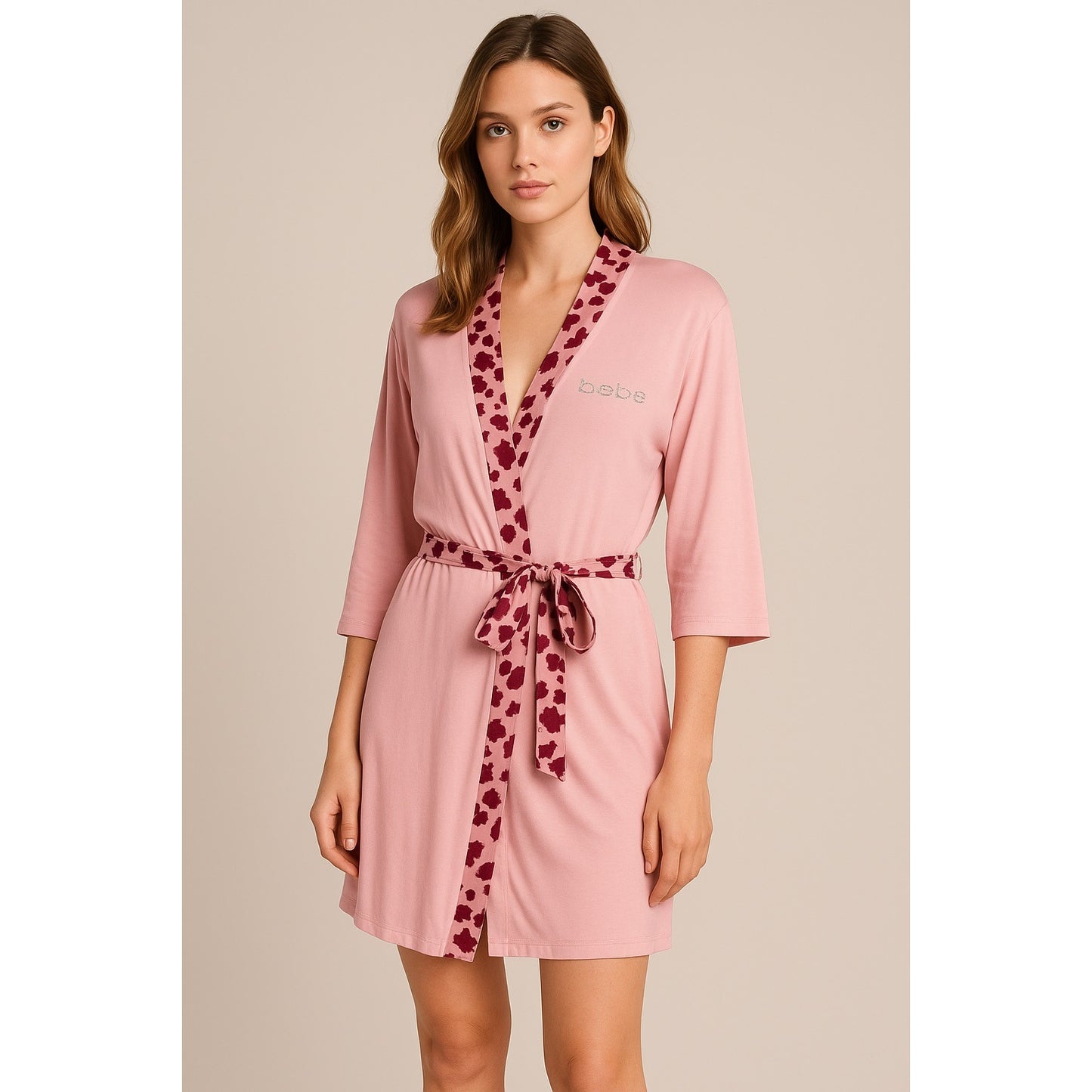 Bebe Pink Sleepwear Robe with Floral Trim and Rhinestone Logo – Size L