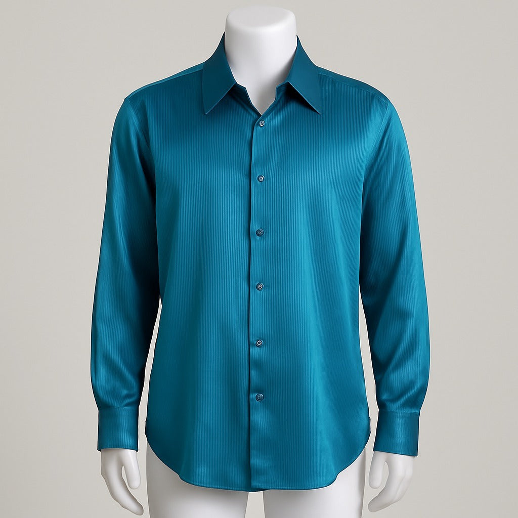 Vizioni Uomo Men’s Teal Silk Dress Shirt – XL 17-17.5 – Satin Finish – Long Sleeve – 1990s
