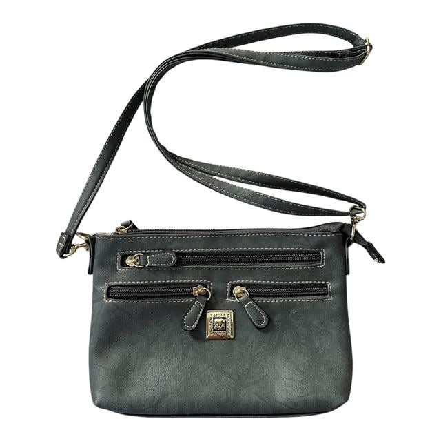Stone Mountain Gray Faux Leather Crossbody Bag – Multi-Zip – Adjustable Strap – Detachable Crossbody/Wristlet Strap