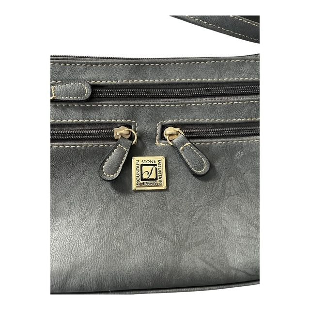 Stone Mountain Gray Faux Leather Crossbody Bag – Multi-Zip – Adjustable Strap – Detachable Crossbody/Wristlet Strap
