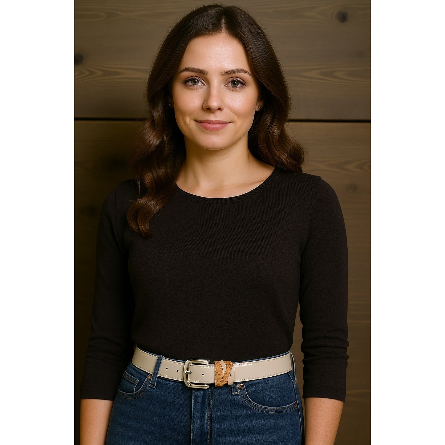 White House Black Market Beige Patent & Cork Belt Women’s Size S – 29.5" – Silver Buckle