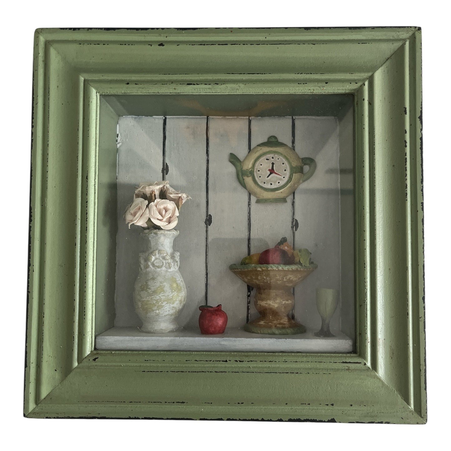 Dennis East International Kitchen Shadow Box – Sage Green Frame with Teapot Clock, Fruit Compote, Vase – Early 2000s