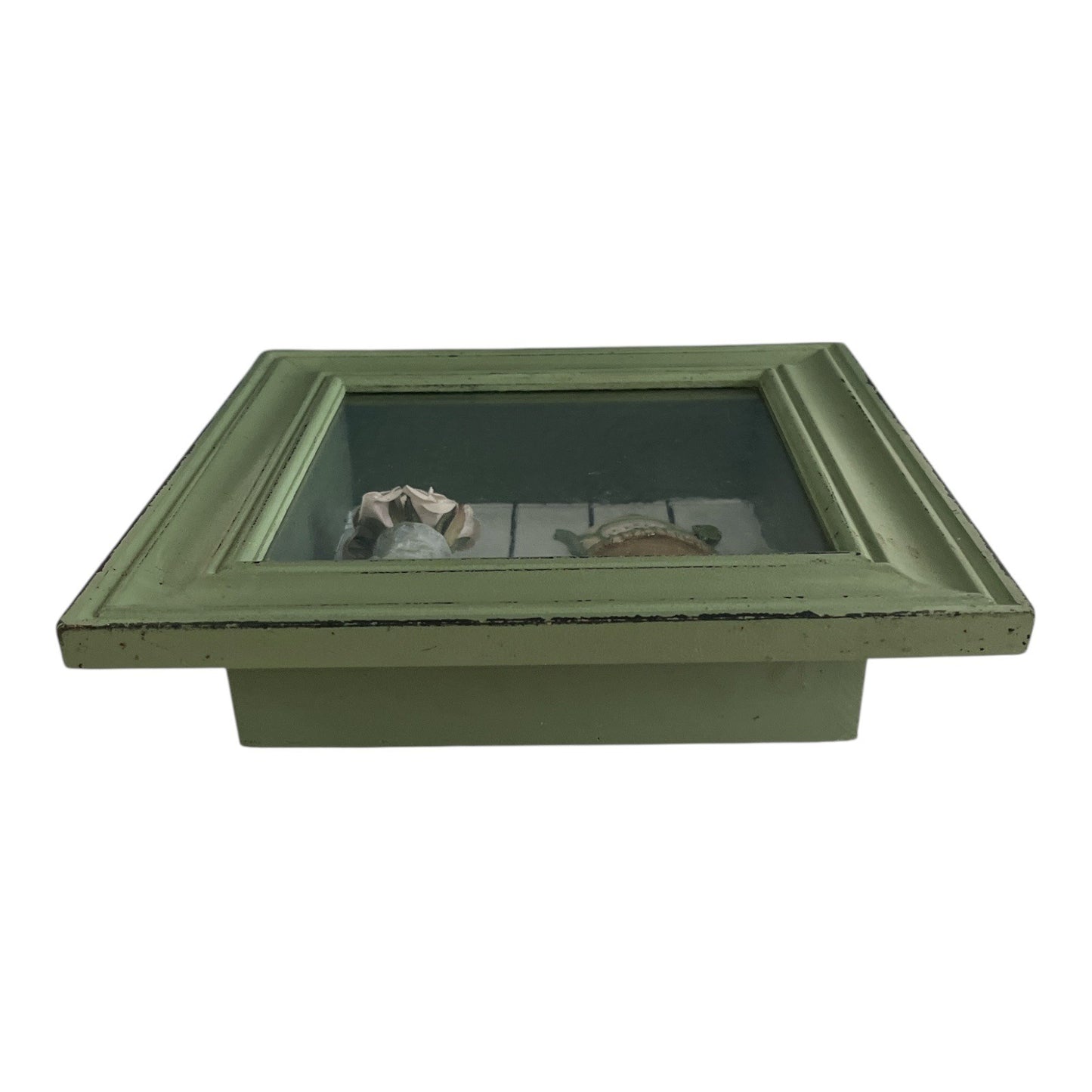 Dennis East International Kitchen Shadow Box – Sage Green Frame with Teapot Clock, Fruit Compote, Vase – Early 2000s