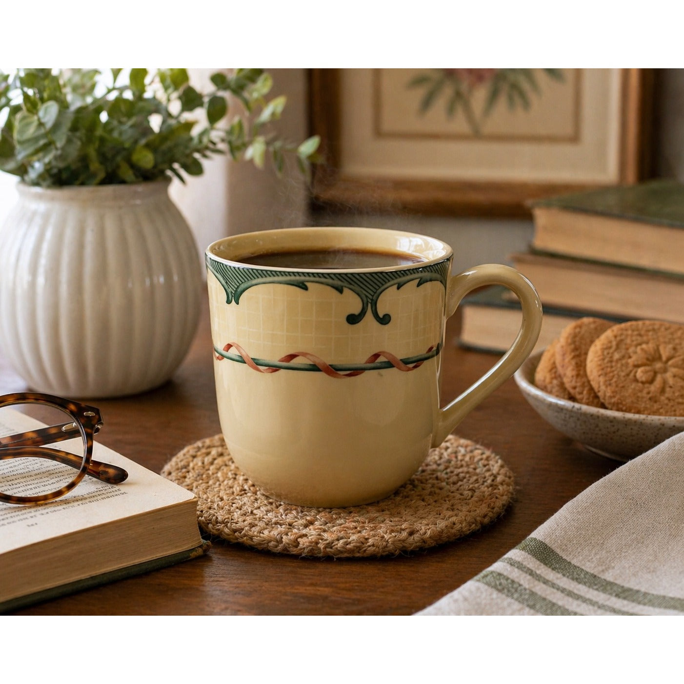 Lenox Tan Coffee Mug Green Scroll Border Ribbon Pattern Dishwasher Safe Set or Single