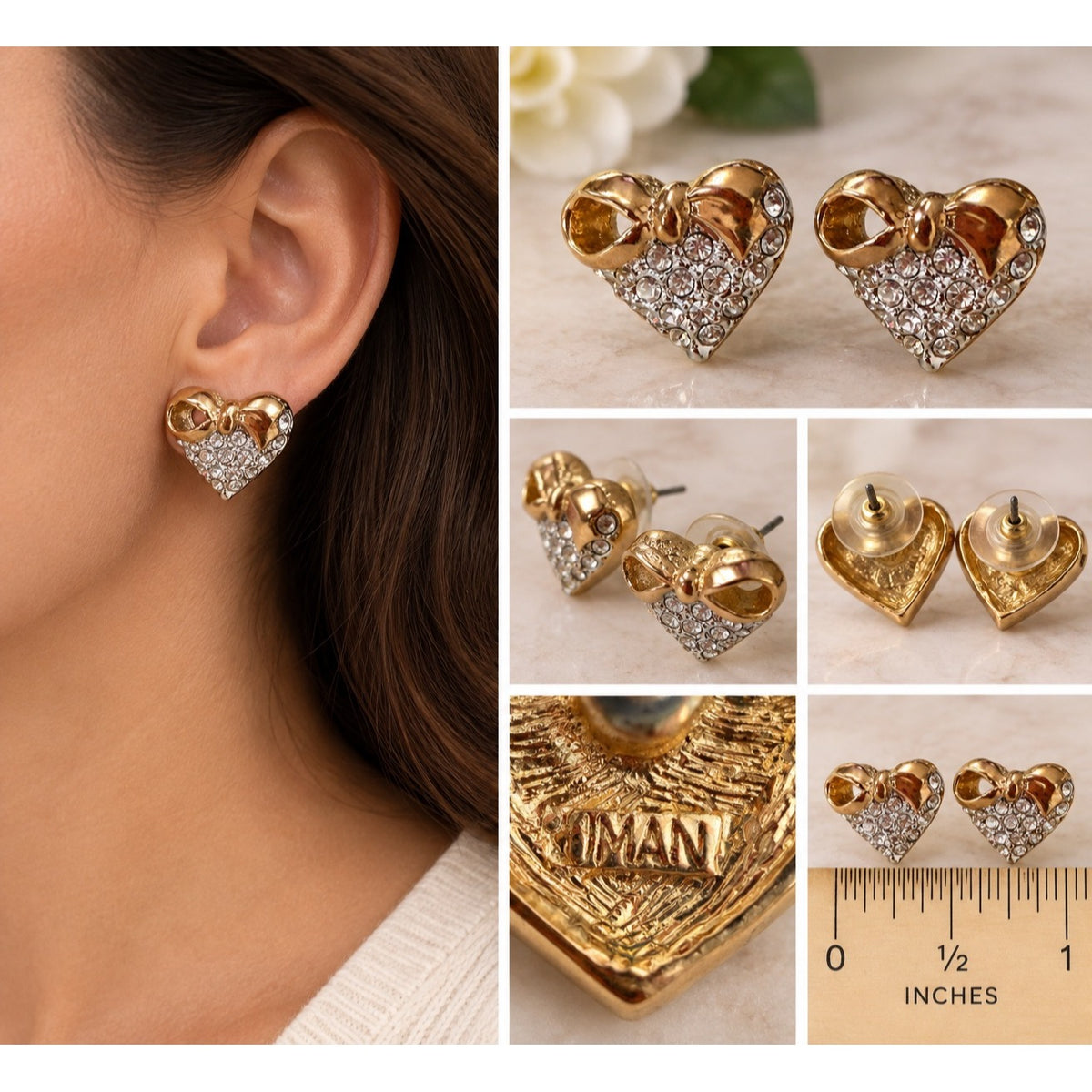 IMAN Signed Gold Tone Heart Bow Rhinestone Stud Earrings 0.75 Inch