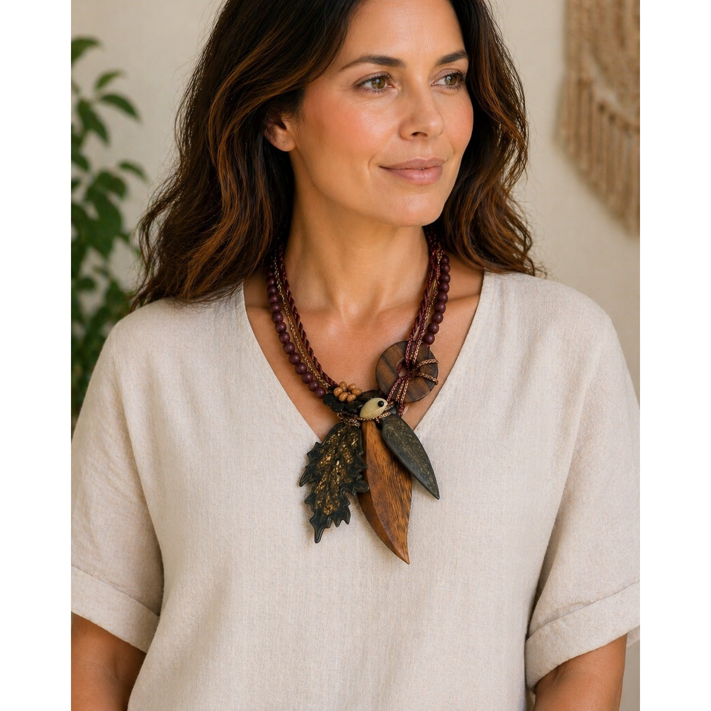 Boho Statement Necklace Wood Stone Leaf Pendant Multi Strand Brown Blue