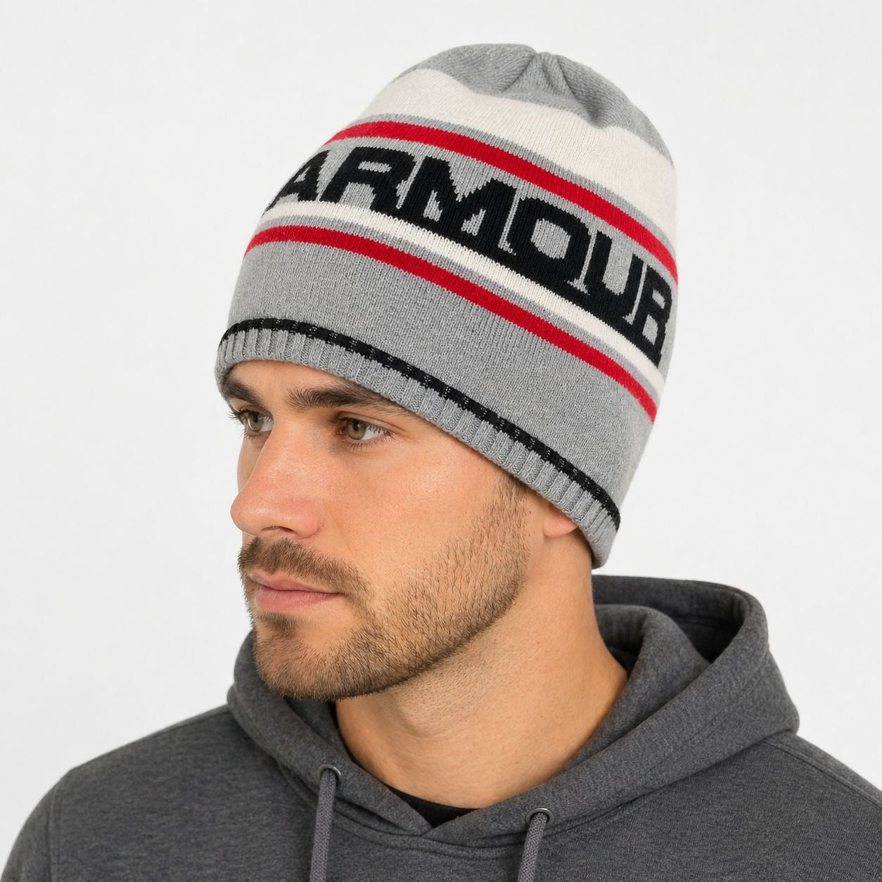 Under Armour OSFA Men’s Winter Beanie – Gray with Red, Black & White Stripes – Acrylic Blend