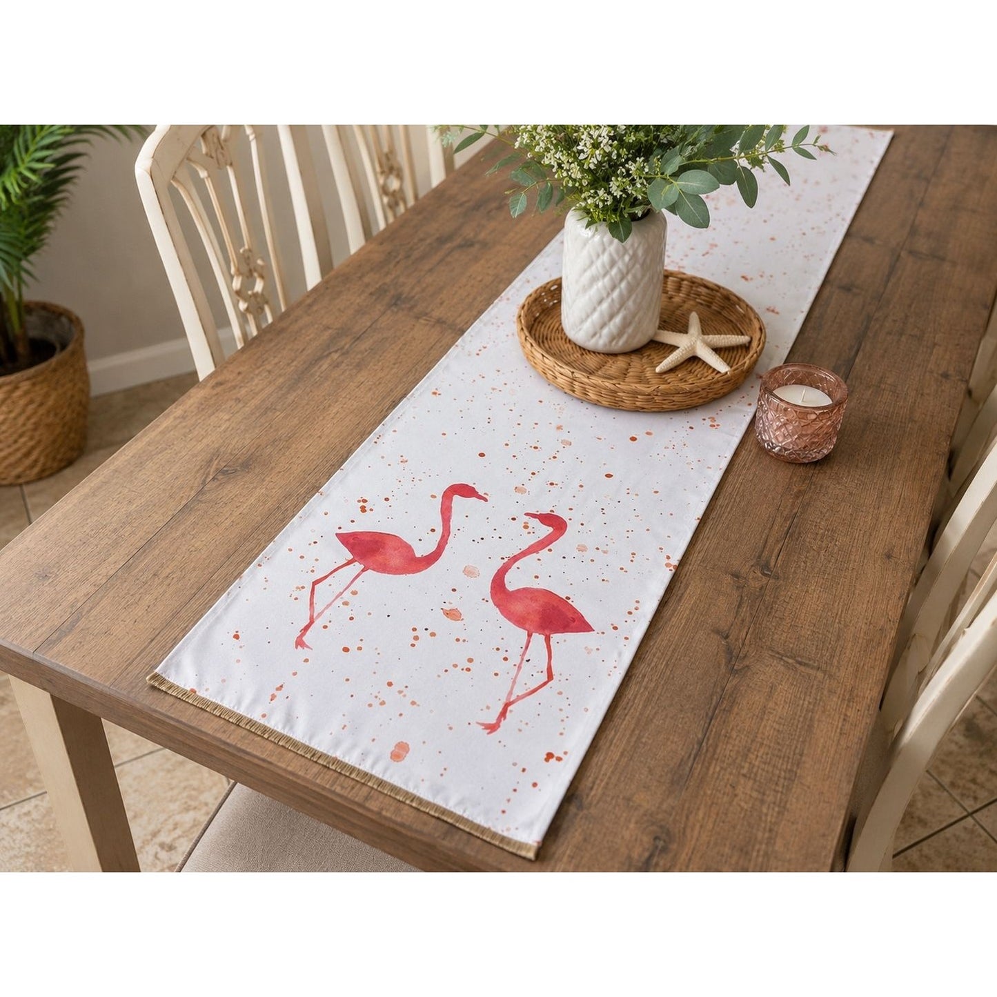 Thro by Marlo Lorenz Flamingo Table Runner 13x72 White Pink Coral Fringe NWT