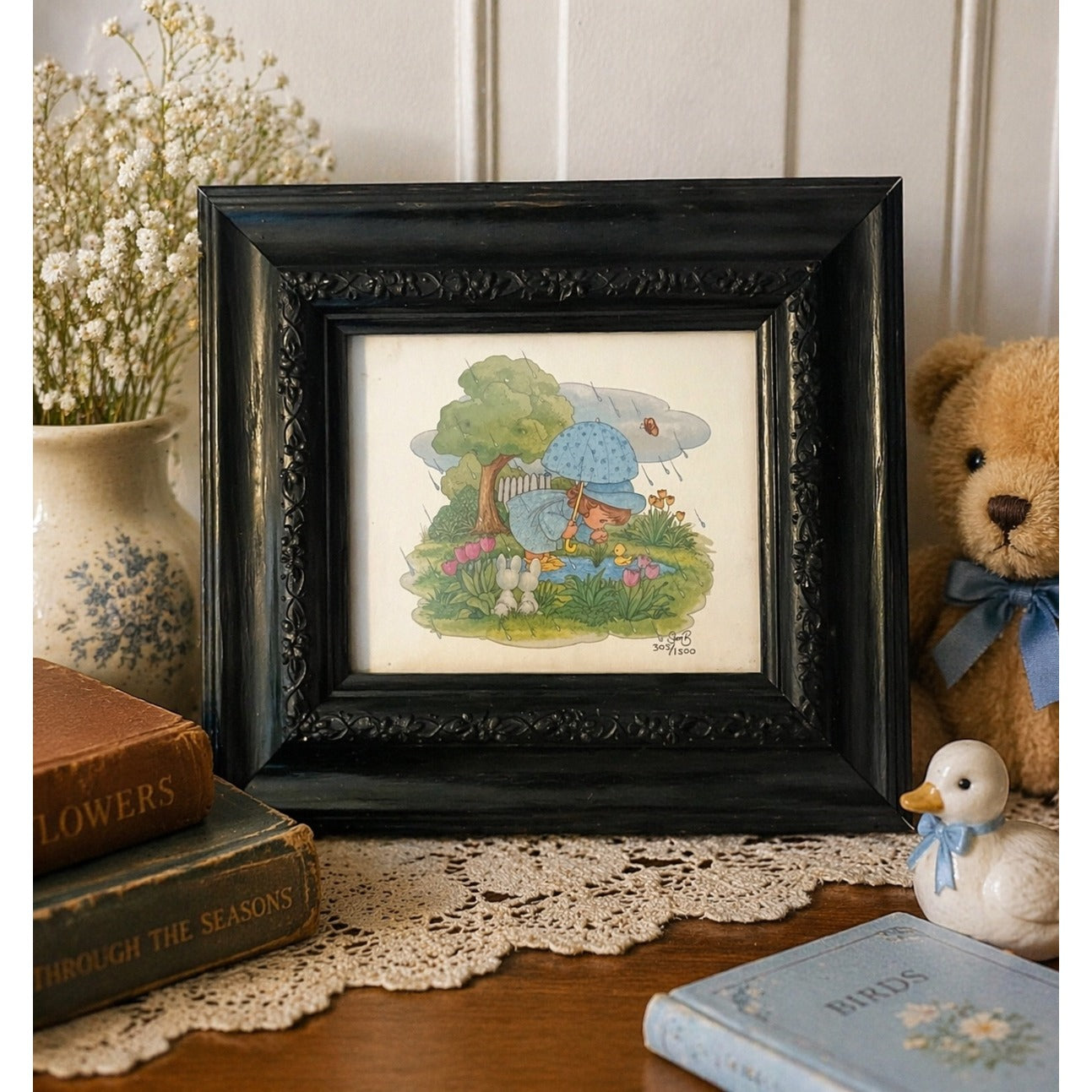 Vintage Framed Nursery Wall Art Child with Ducklings Rain Scene Limited Print Sami B 303/1500 1980s–1990s