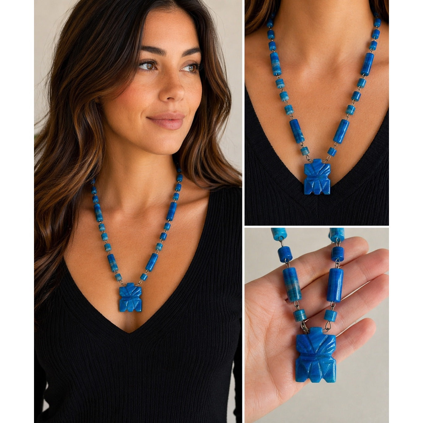 Vintage Turquoise Blue Glass Statement Necklace Chunky 70s Pendant Czech Style Bold Artisan Jewelry