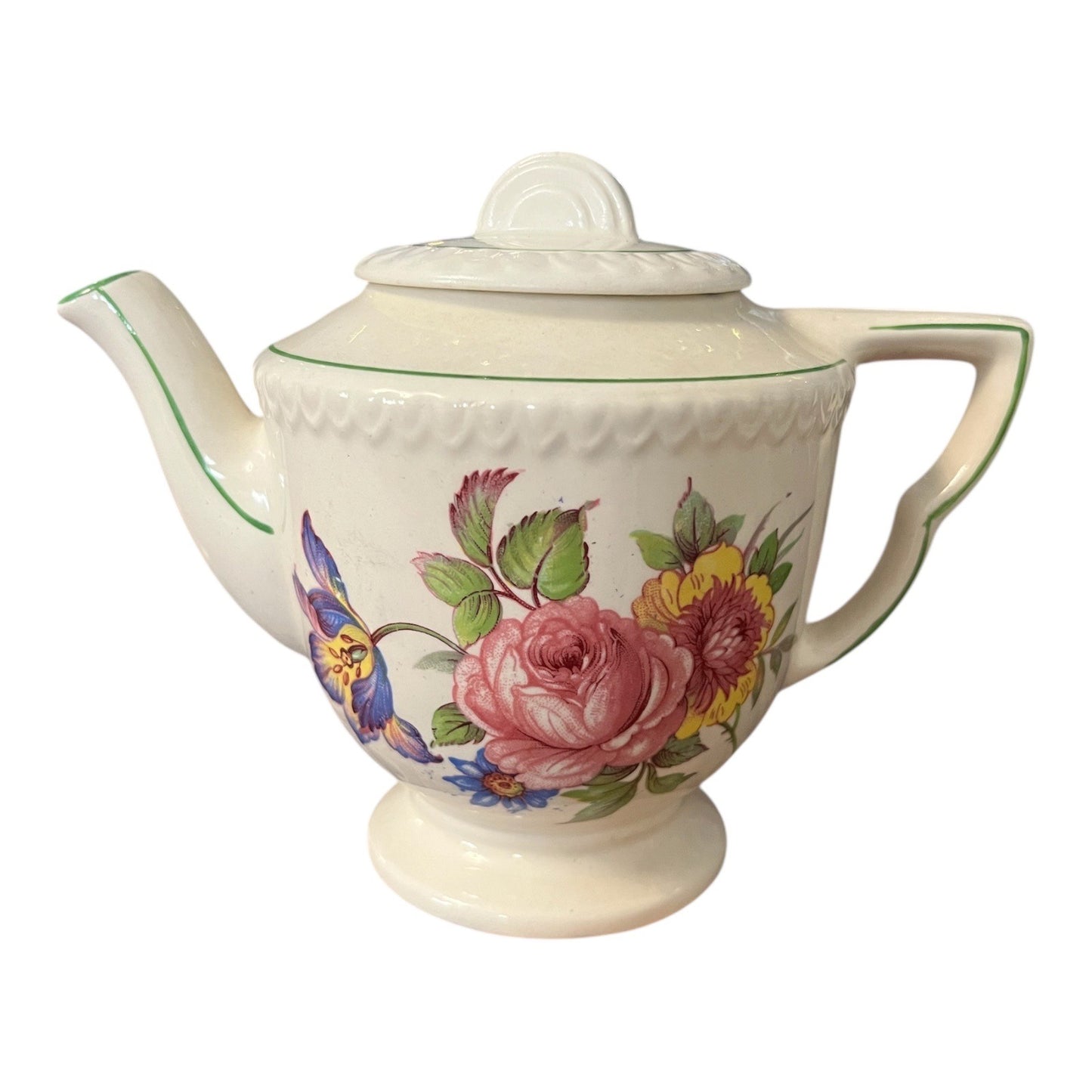 Mid Century English Floral Teapot – Made in England – Green Trim, Raised Band